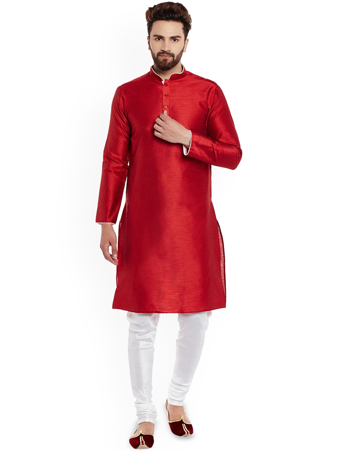 

Larwa Woven Design Mandarin Collar Kurta With Pyjama, Maroon