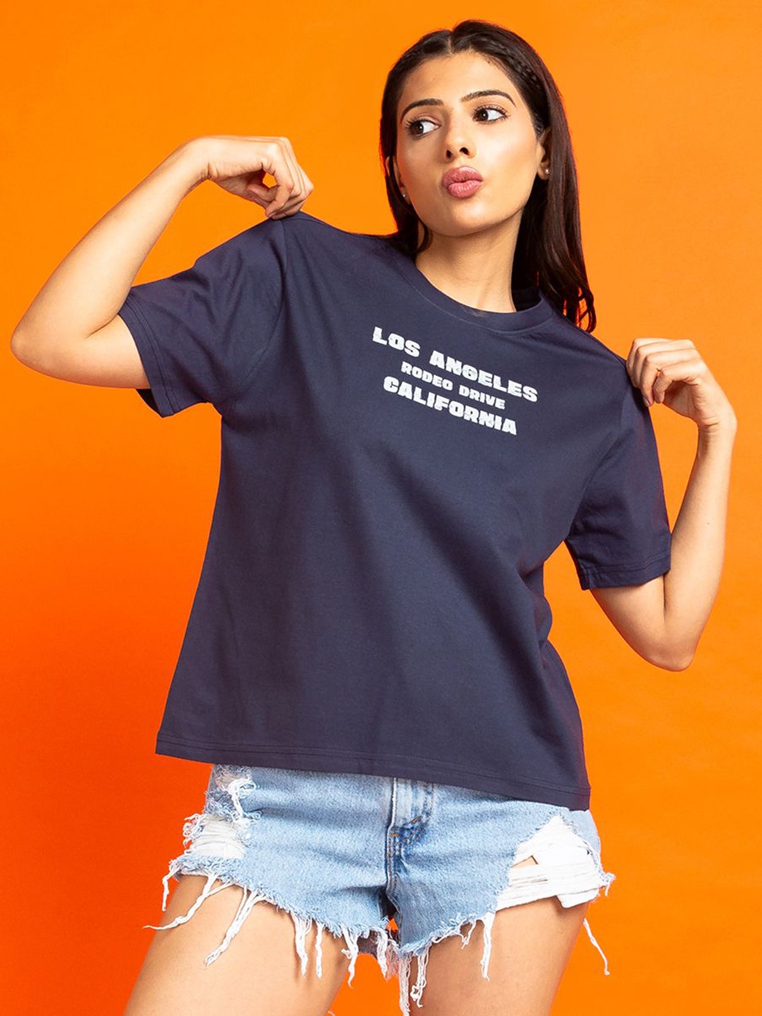 

Mast & Harbour Women Typography Printed Round Neck Cotton T-shirt, Navy blue