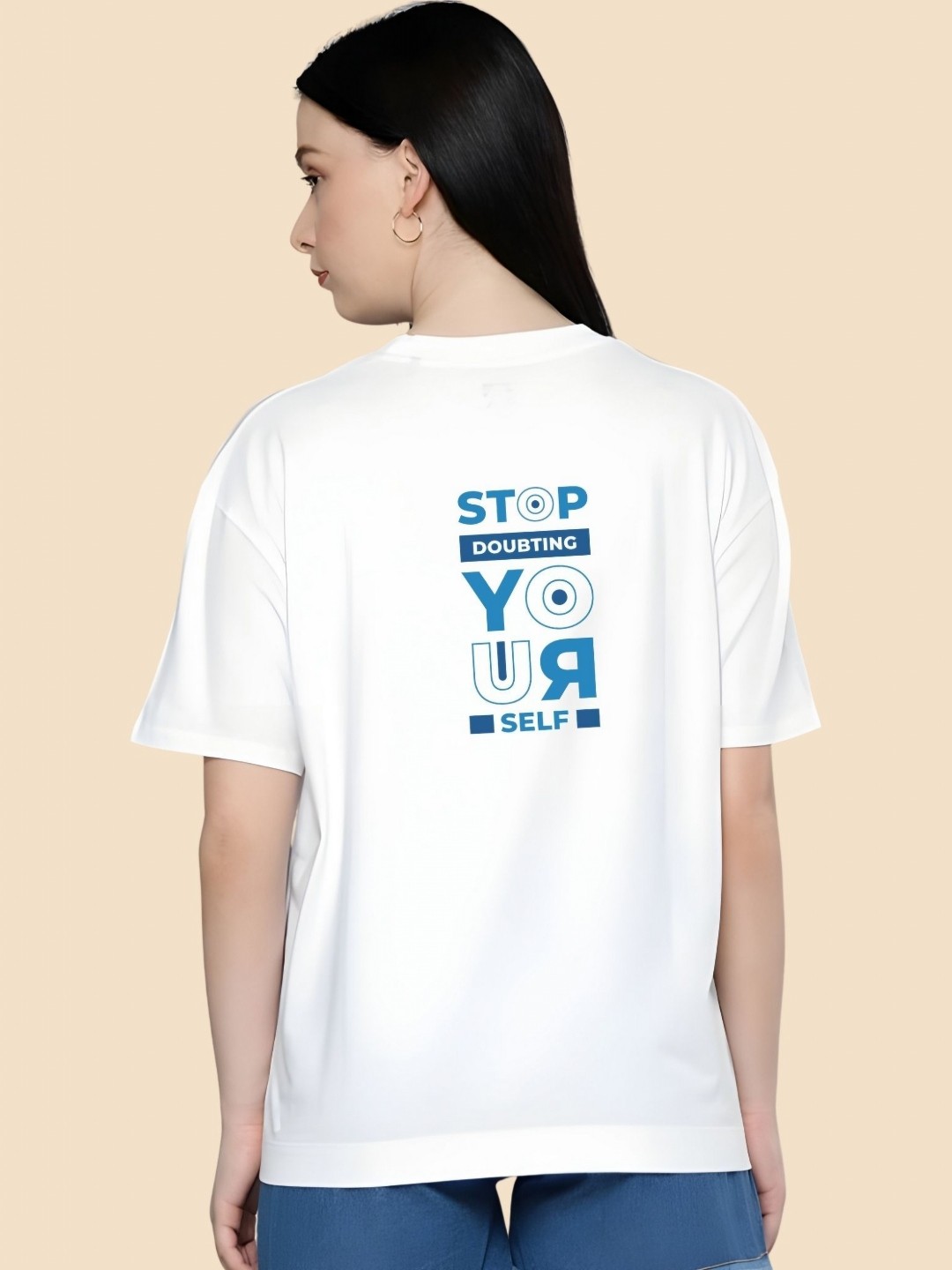 

SZN Women Typography Printed Round Neck Cotton Oversized T-shirt, White