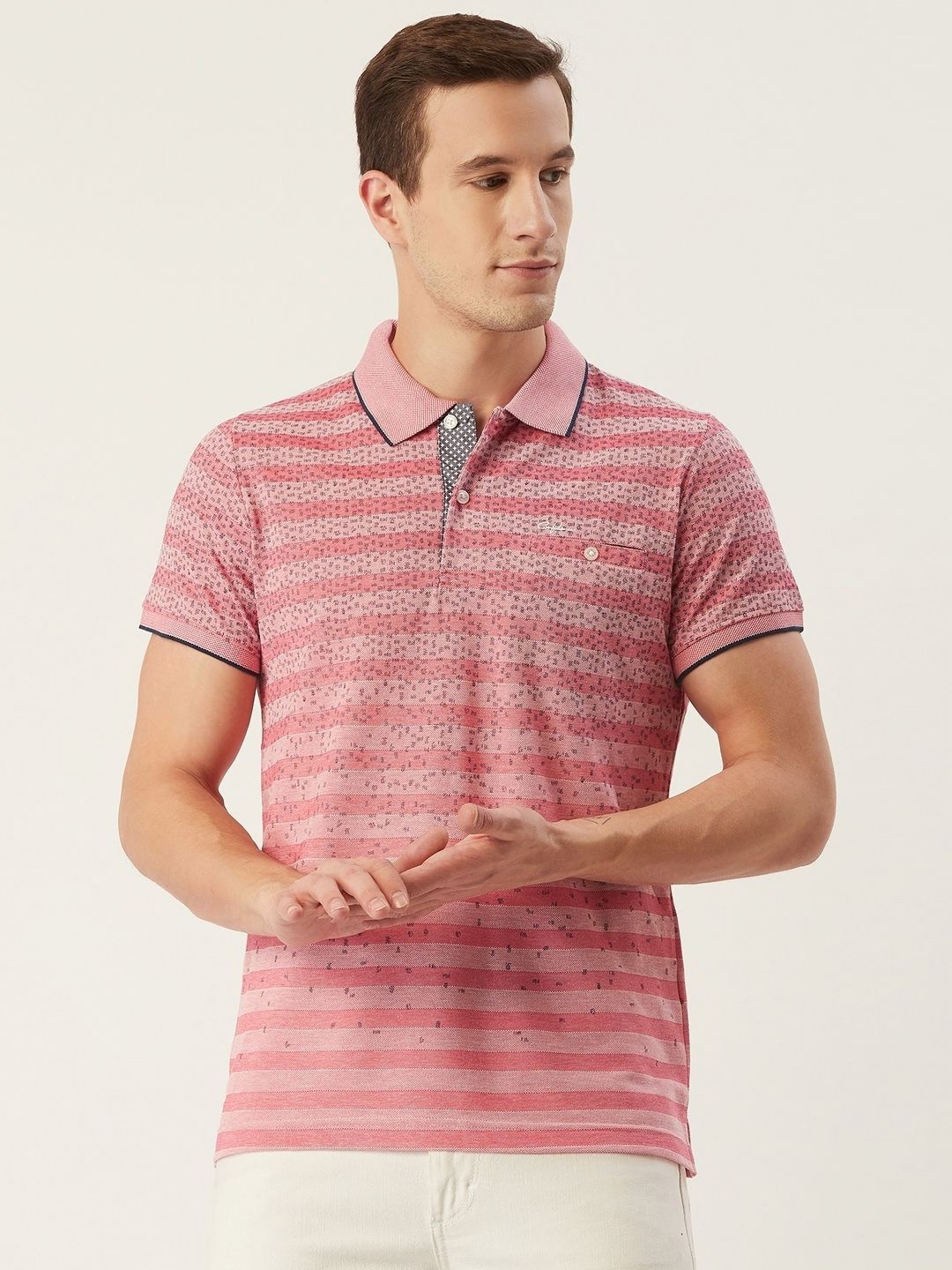 

CONFIDENCE Men Striped Polo Collar Cotton Slim Fit T-shirt, Pink