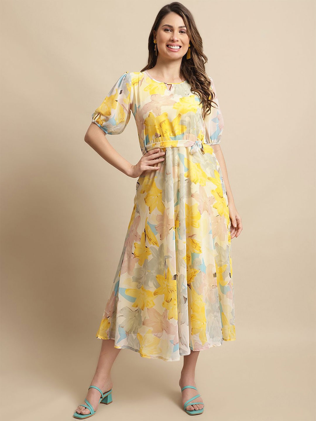 

Tromko Women Floral Printed Fit & Flare Midi Dress with a Belt, Yellow