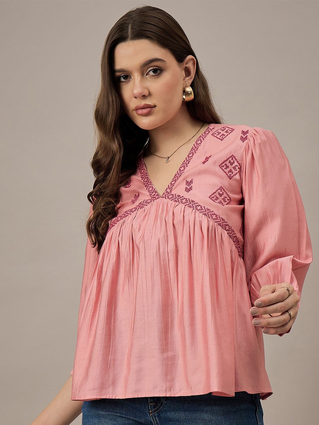 

CORSICA Geometric Puff Sleeve Top, Pink