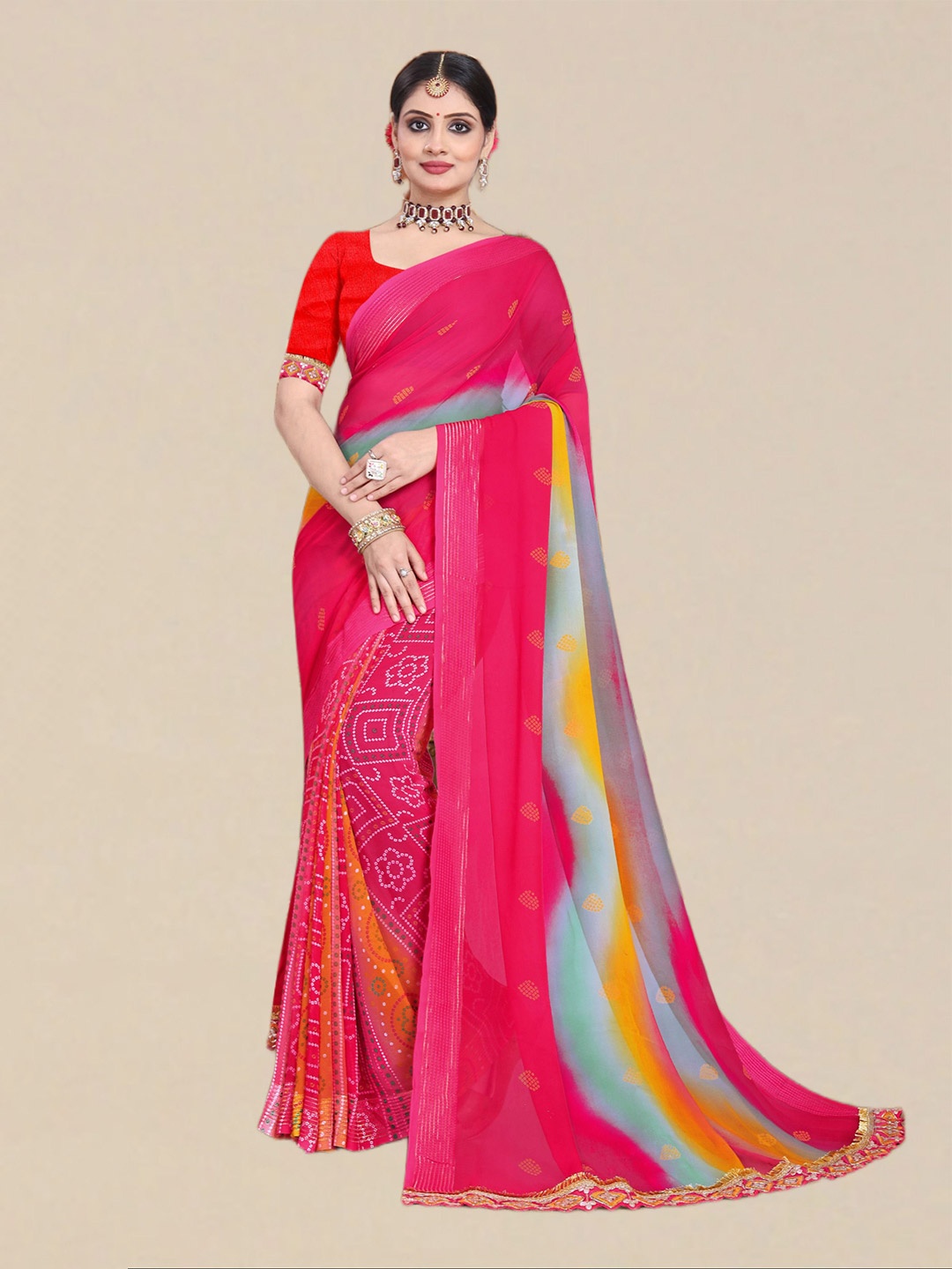 

DIVASTRI Bandhani Poly Georgette Bandhani Saree, Pink