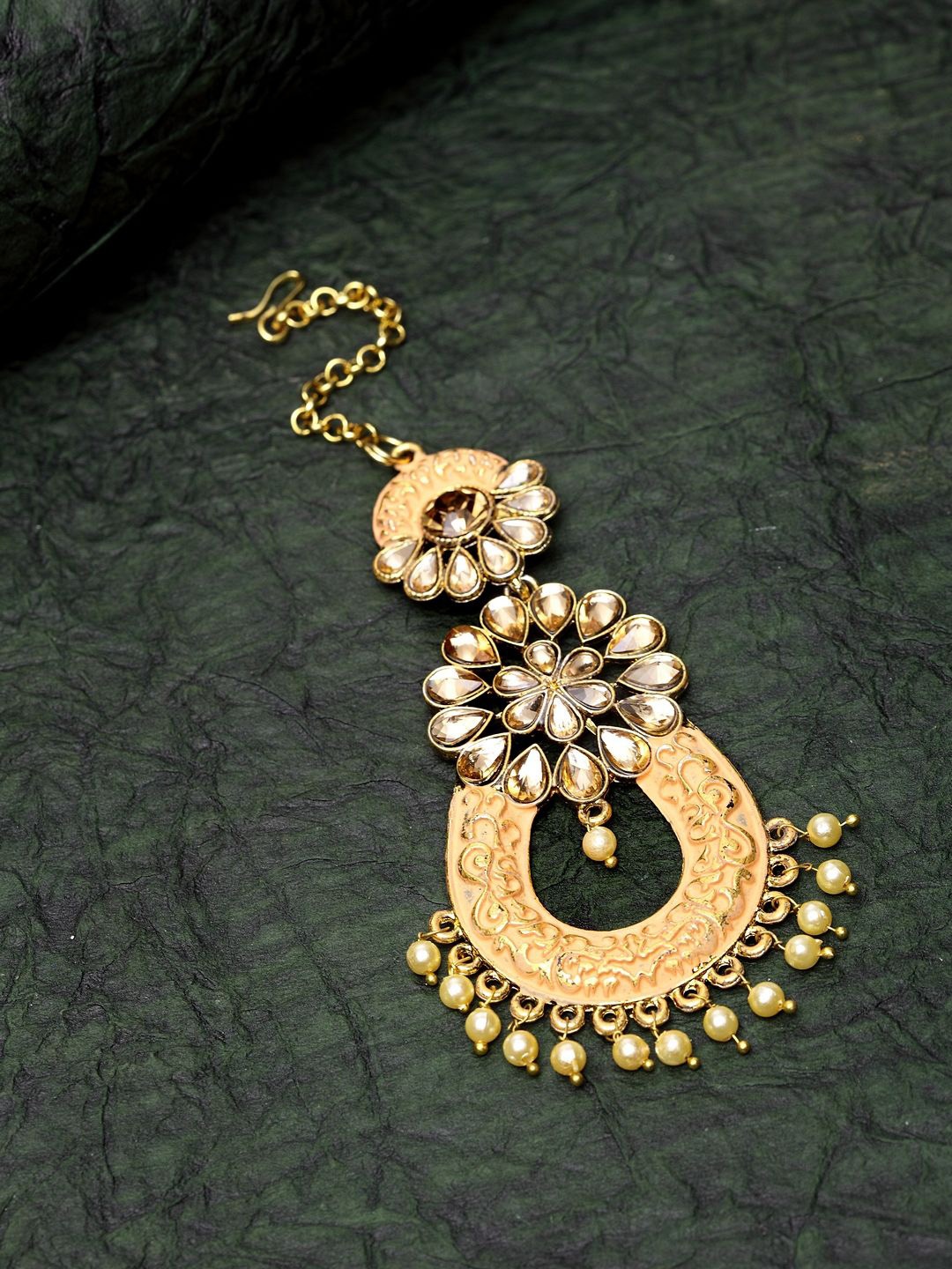 

Anouk Gold-Plated Kundan Stone Studded & Pearls Beaded Enamelled Maang Tikka