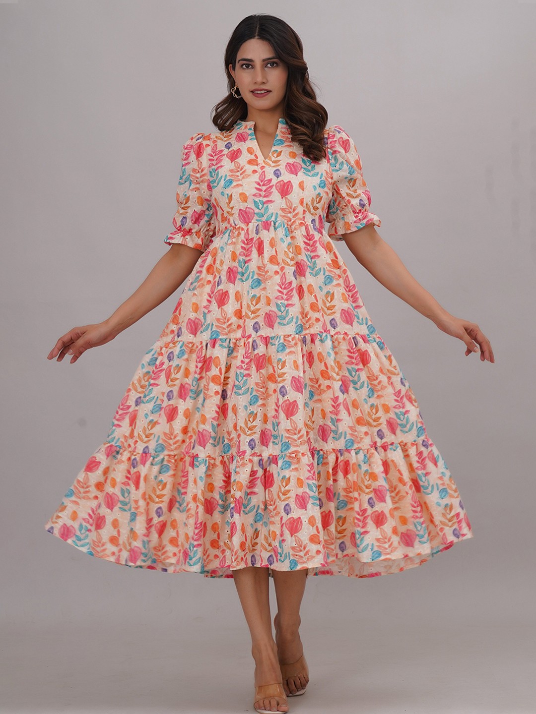 

Bahe Kurtiz Women Floral Printed Puff Sleeve Fit-Flare Dress, Green