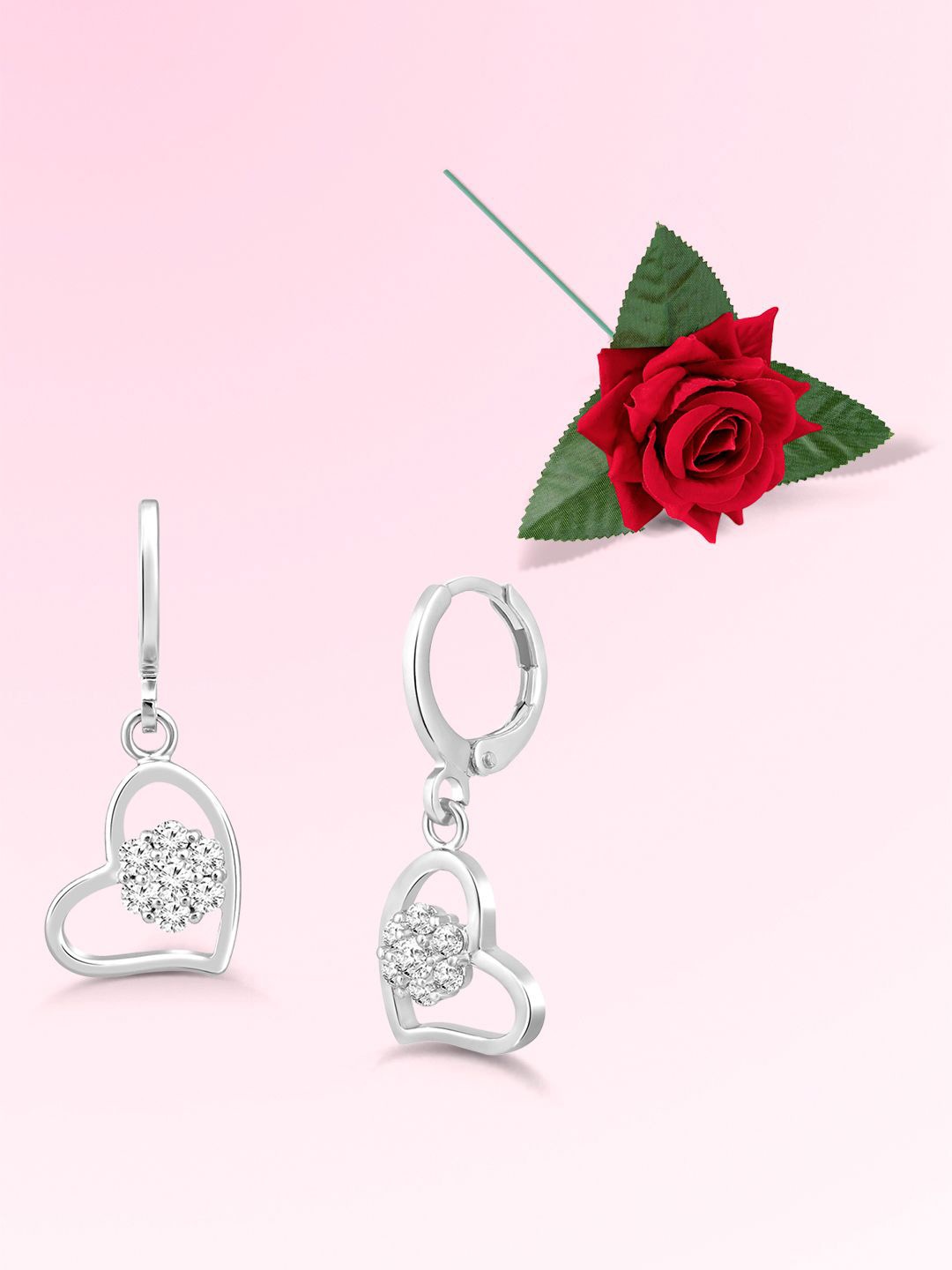 

Peora Silver-Plated Cubic Zirconia Stone Studded Contemporary Drop Earrings With One Rose