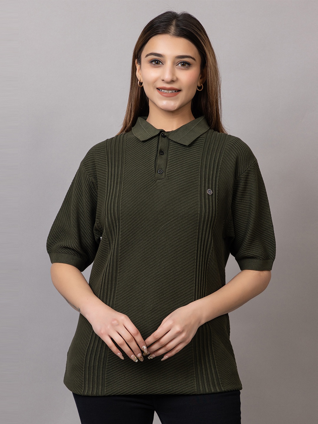 

Wool's Kart Women Self Design Polo Collar T-shirt, Olive