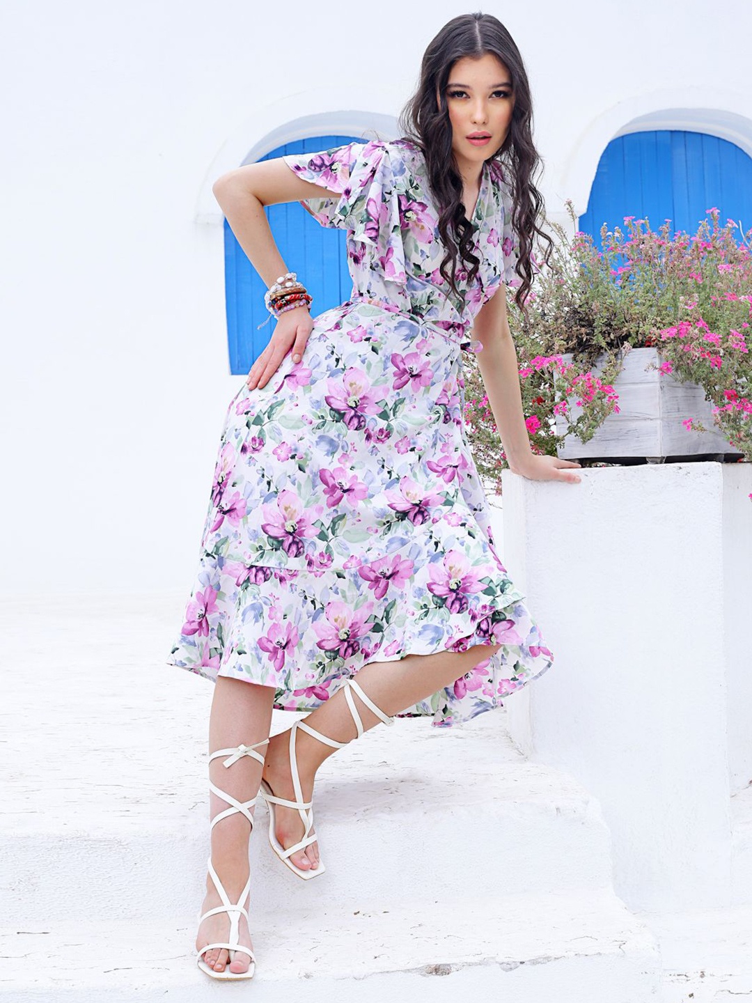

Sera Floral Printed Wrap Dress, Off white