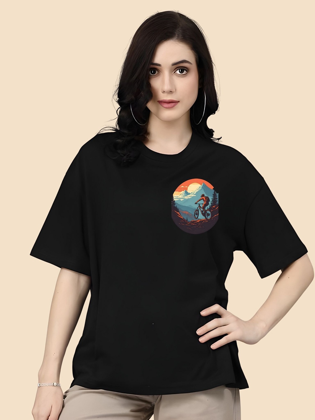 

SZN Women Graphic Printed Round Neck Cotton Oversized T-shirt, Black