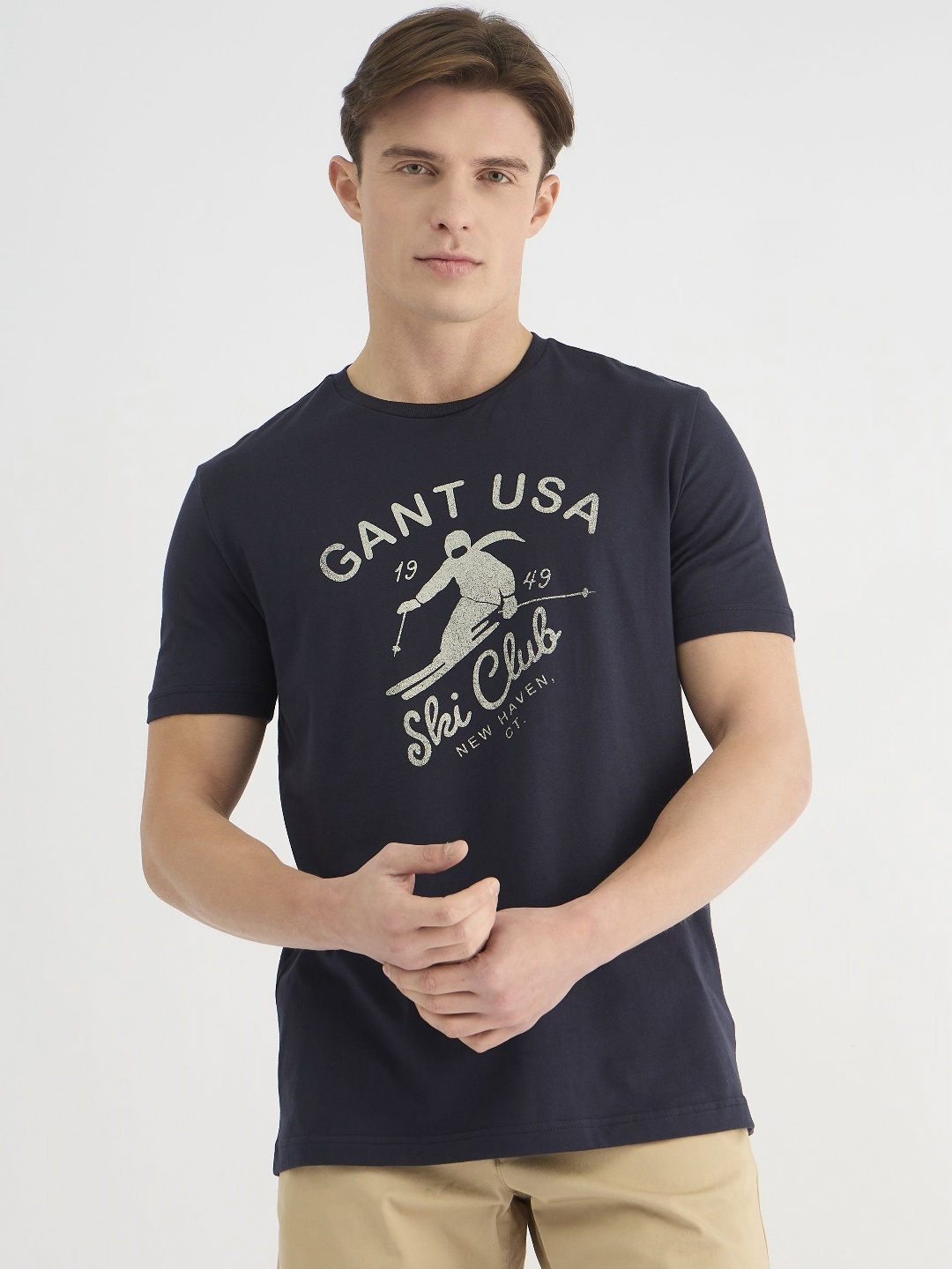 

GANT Men Typography Printed Pure Cotton Applique T-shirt, Blue