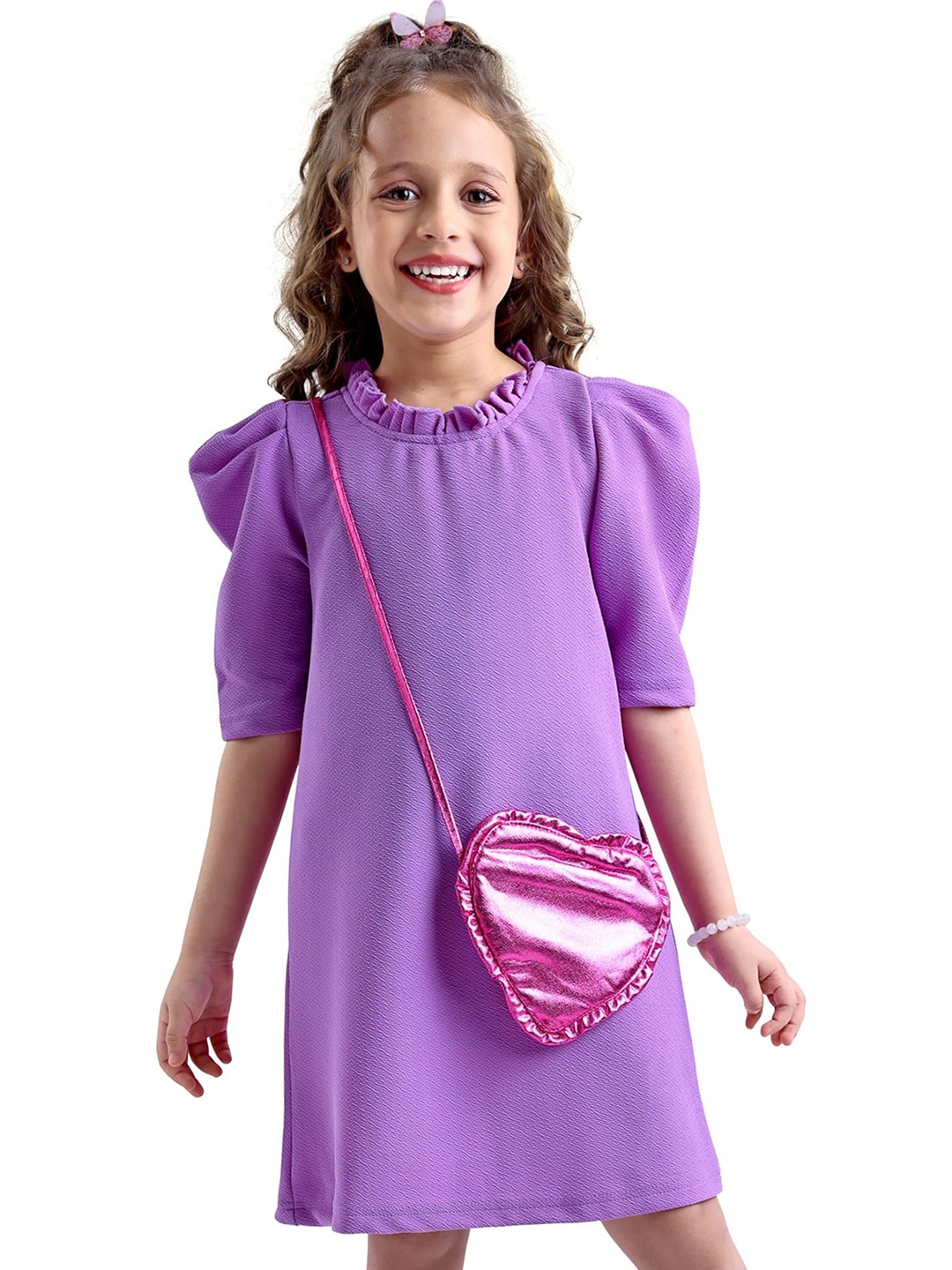 

Hola Bonita Girls Puff Sleeves A-Line Dress with a Bag, Lavender