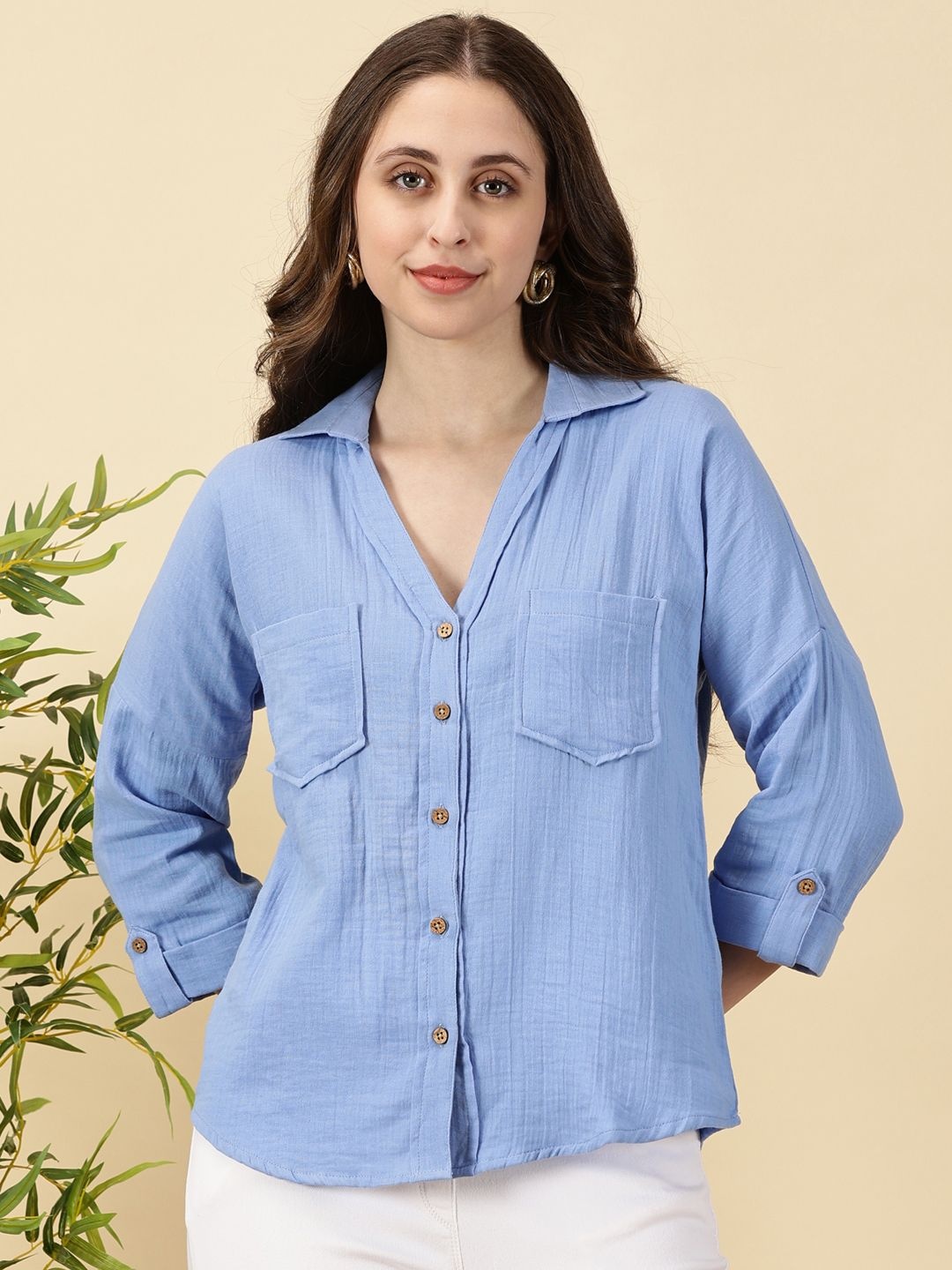 

Indyvarna Cotton Shirt Style Top, Blue