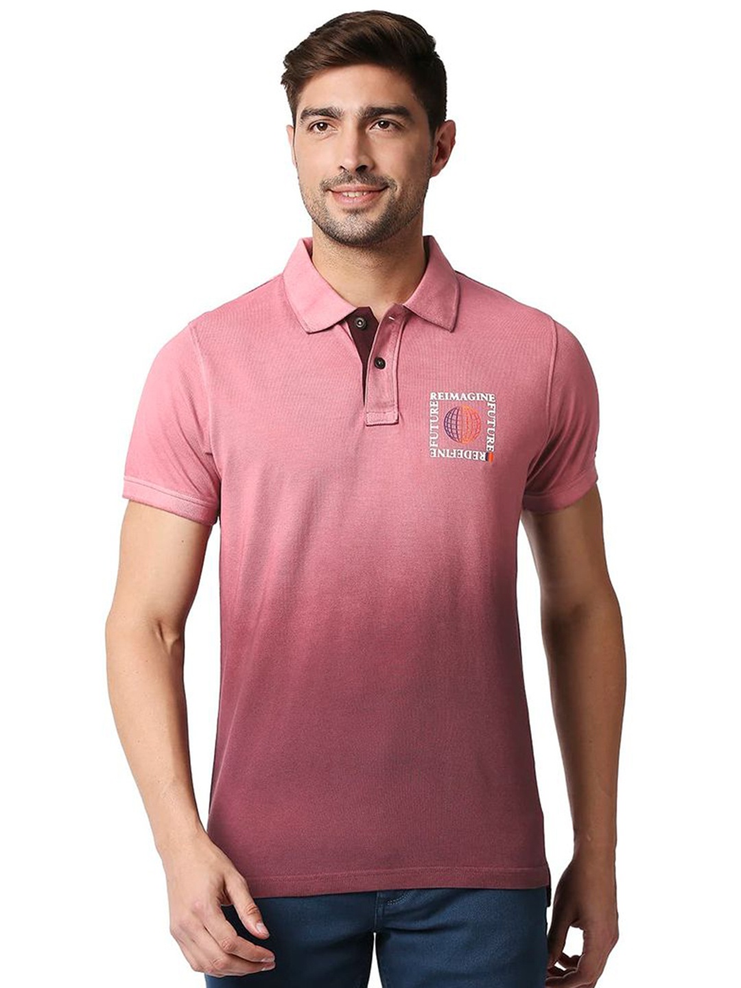 

Basics Men Dyed Polo Collar Cotton T-shirt, Pink