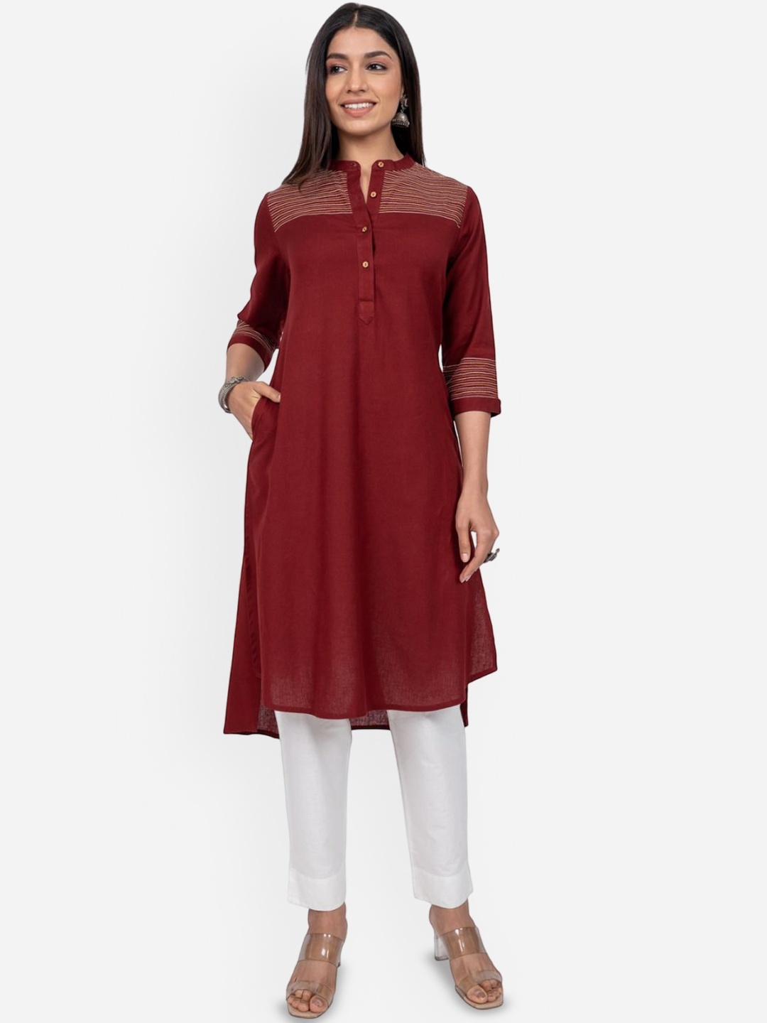 

INDIE JHOLA Band Collar Thread Work Cotton Flax Straight Kurta, Maroon