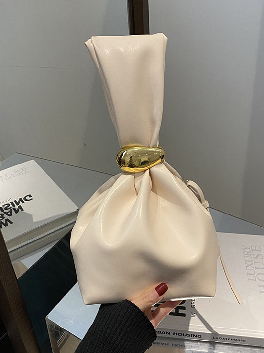 

LULU & SKY Colourblocked PU Structured Handheld Bag with Bow Detail, White