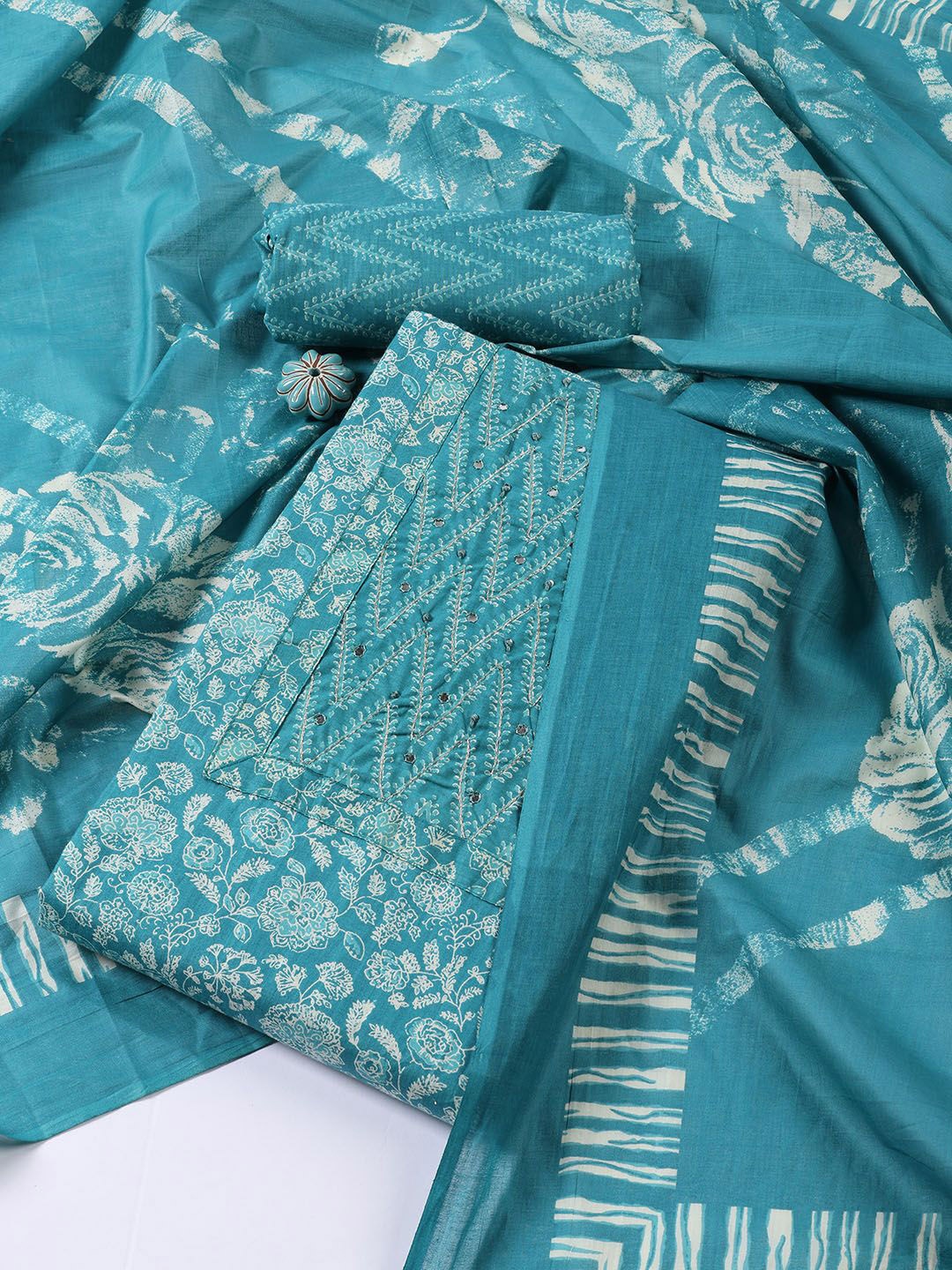

Meena Bazaar Floral Printed Mirror Work Cotton Unstitched Dress Material, Blue