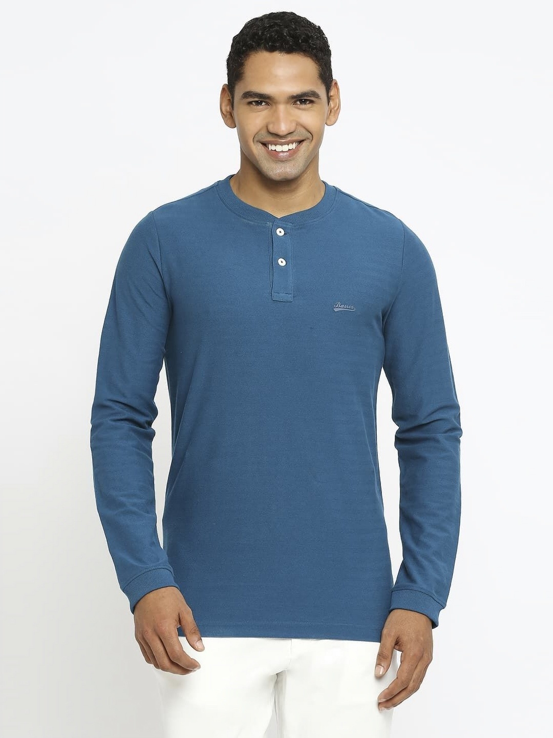 

Basics Men Solid Henley Neck Cotton T-shirt, Blue