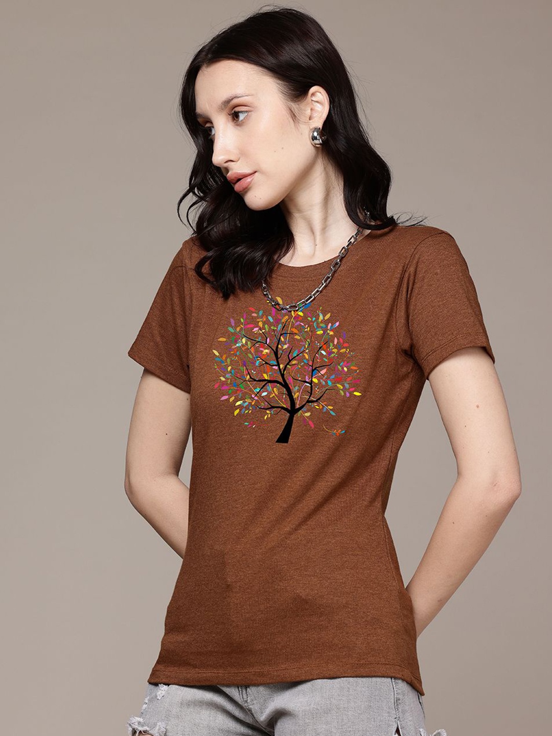 

Moda Rapido Women Graphic Printed Round Neck Regular Fit Cotton T-shirt, Brown