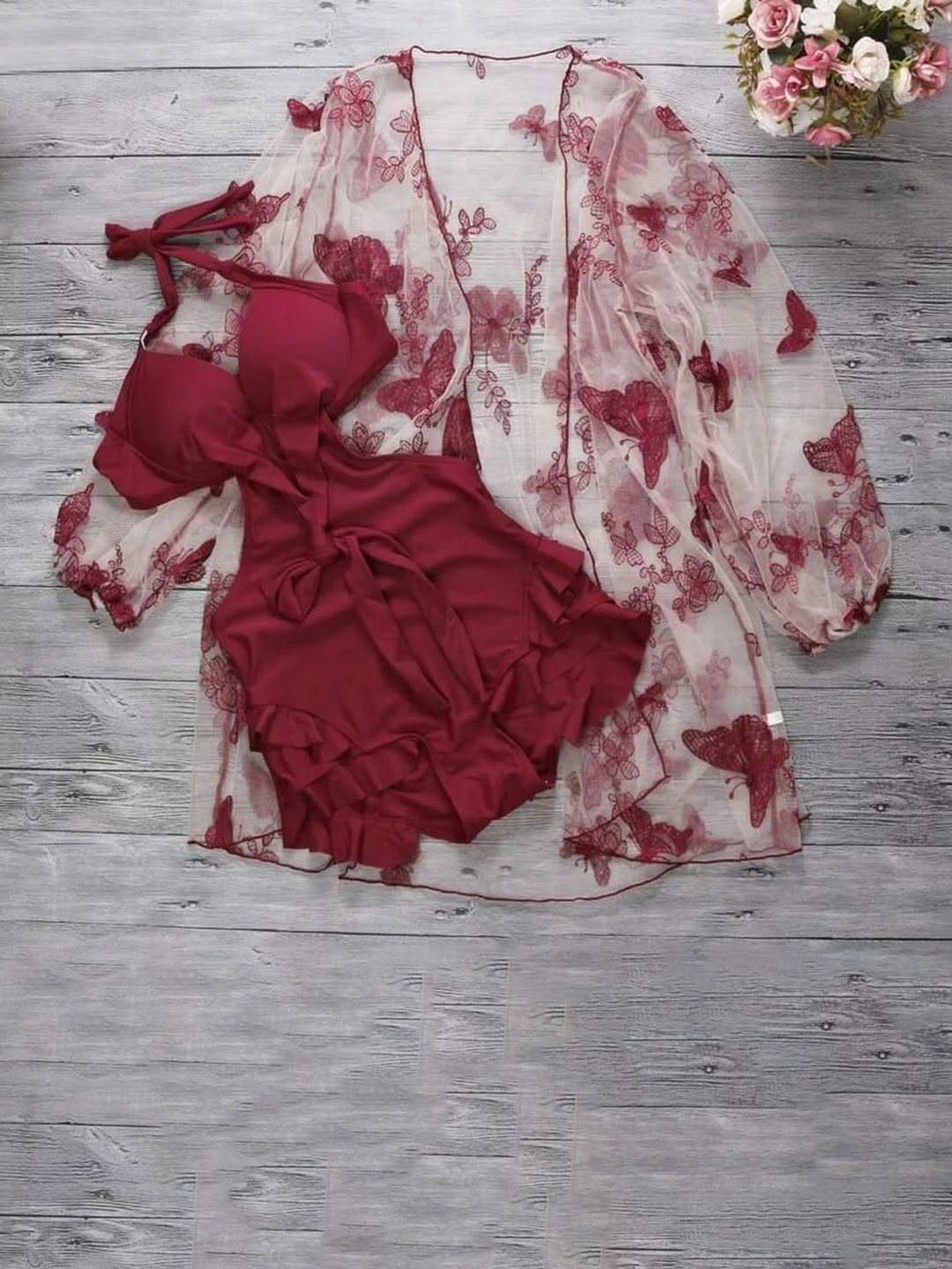 

Alamode By Akanksha Red Sinner 3 piece Swimsuit Cover up Set