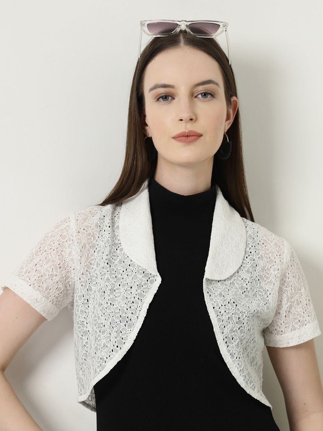 

Style Quotient Self Design Crop Cotton Open Front Shrug, Off white