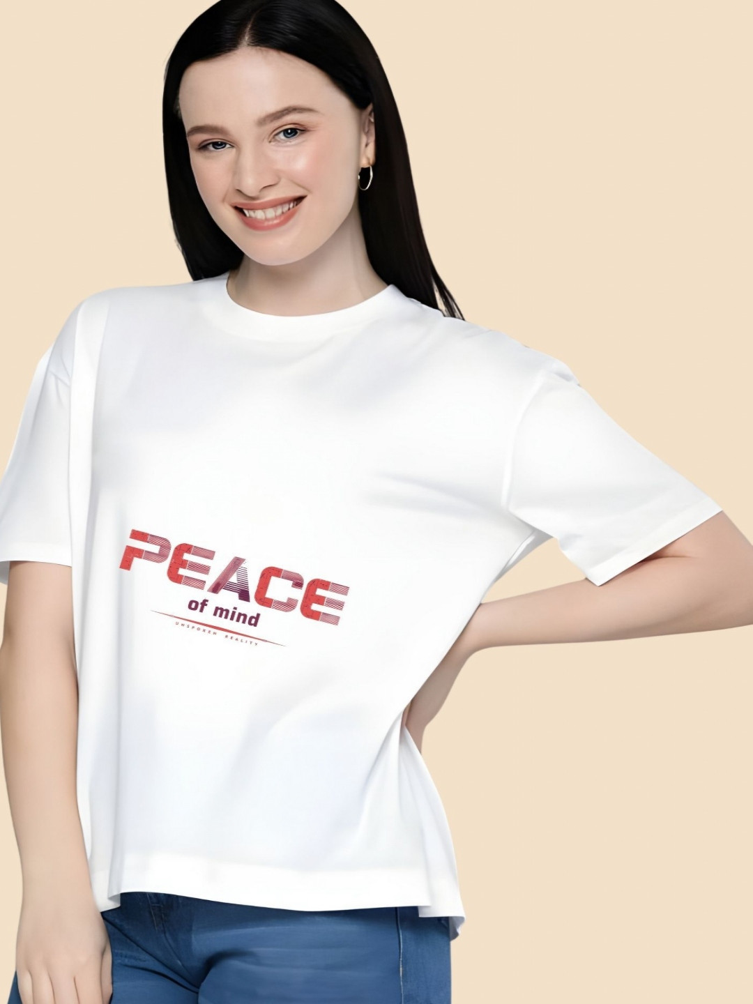 

SZN Women Typography Printed Round Neck Cotton Oversized T-shirt, White