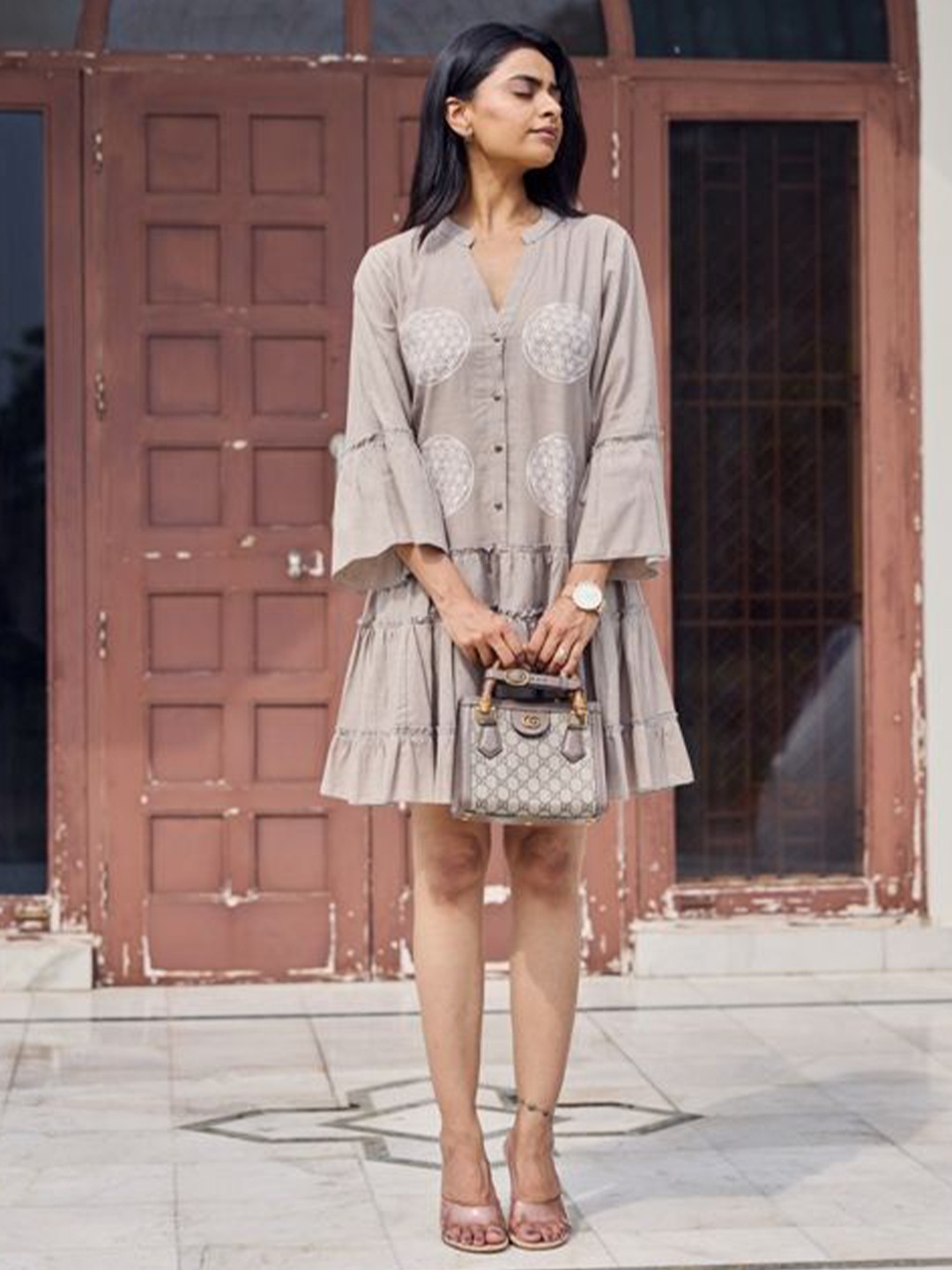 

Sencei Women Printed Mandarin Collar Fit and Flare Dress, Beige