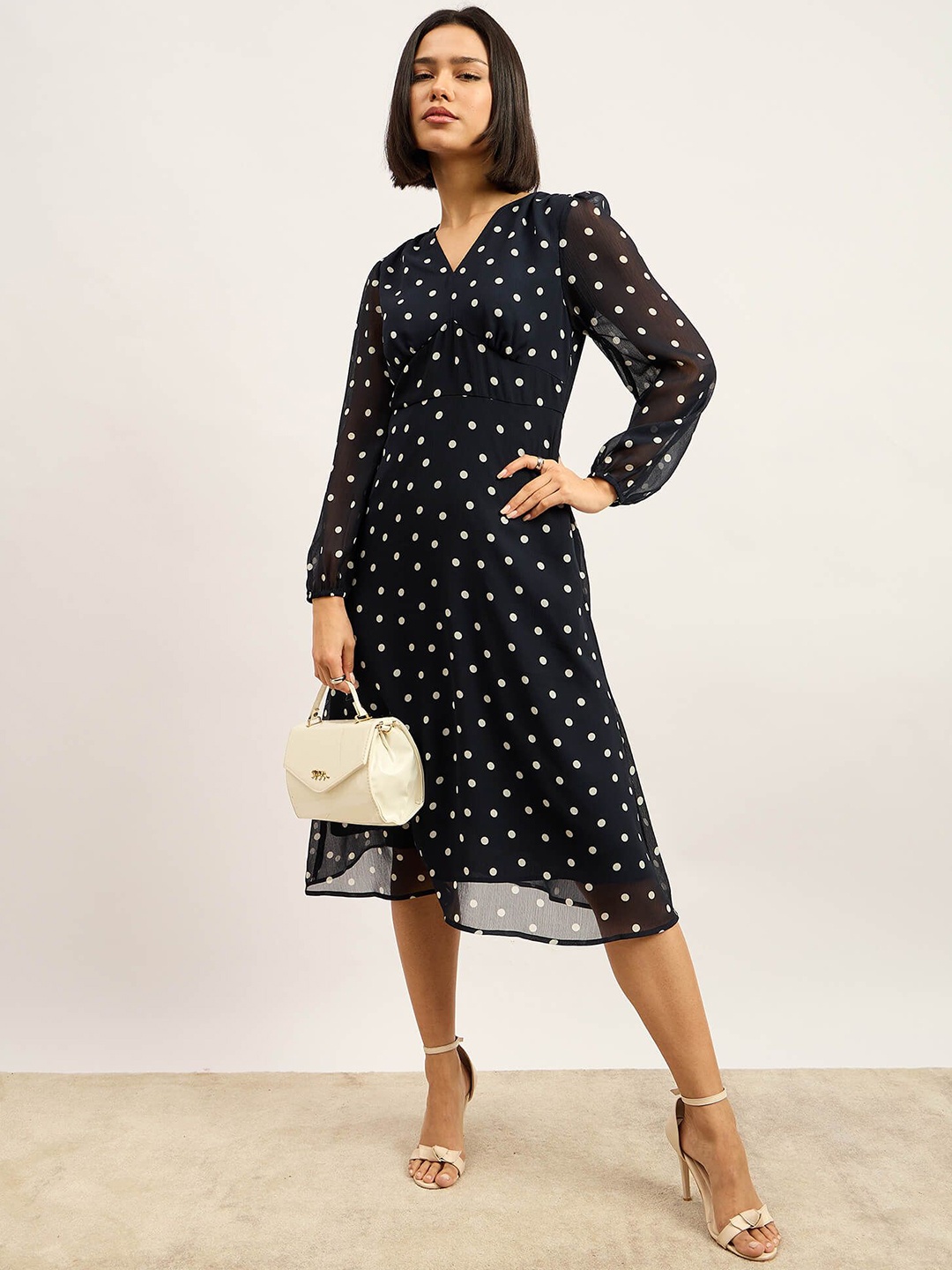 

SALT ATTIRE Women Polka Dot Printed Puff Sleeves Empire Dress, Navy blue