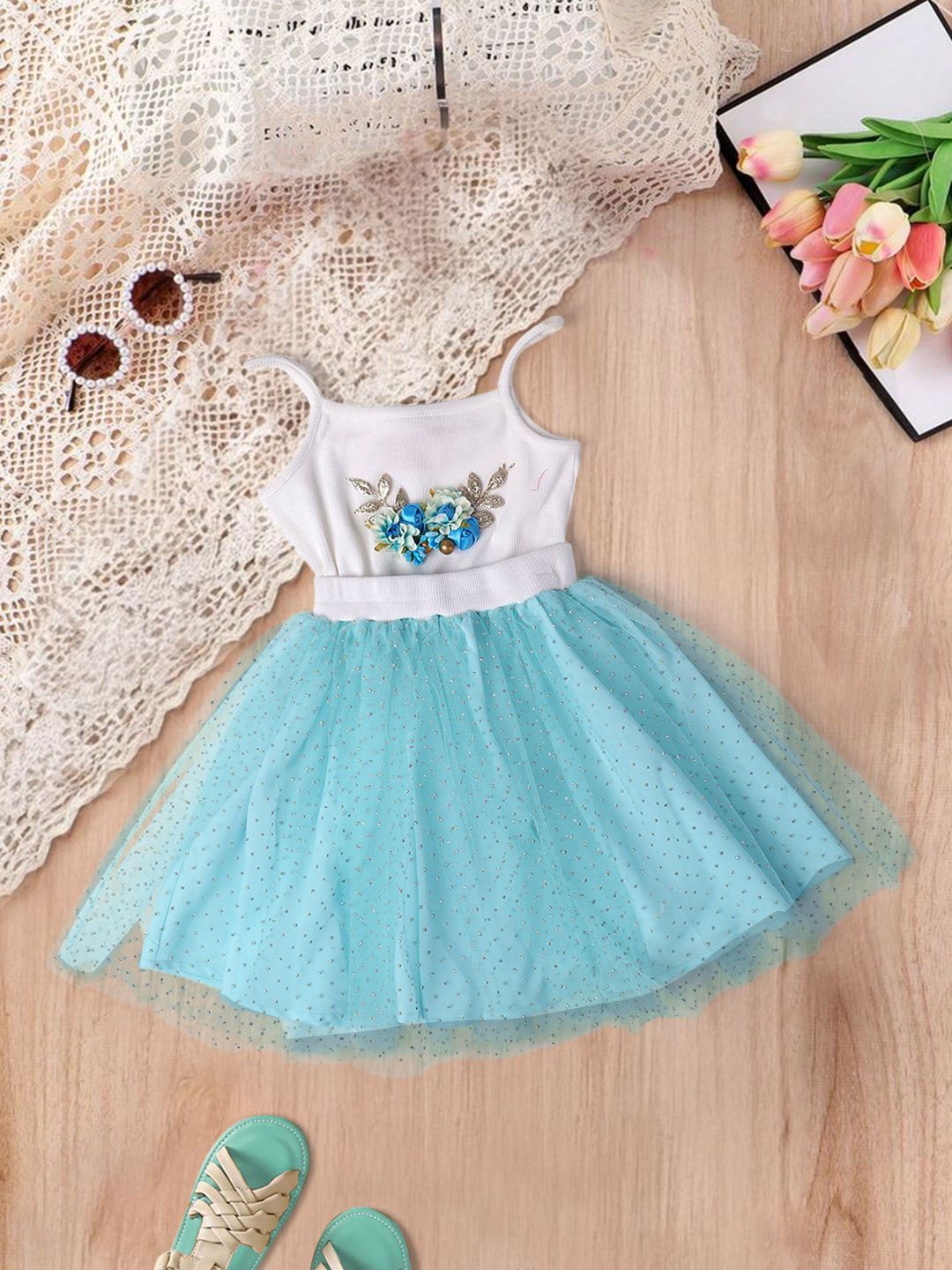 

pspeaches Girls Floral Embellished Shoulder Straps Neck Sleeveless Fit & Flare Dress, Blue