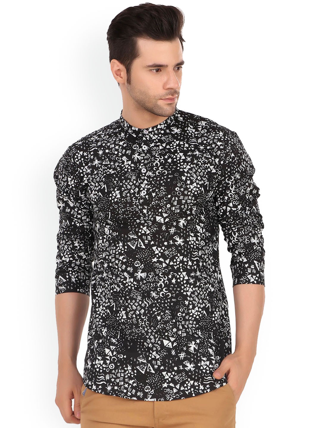 

MADE IN THE SHADE Geometric Printed Band Collar Pure Cotton Straight Kurta, Black