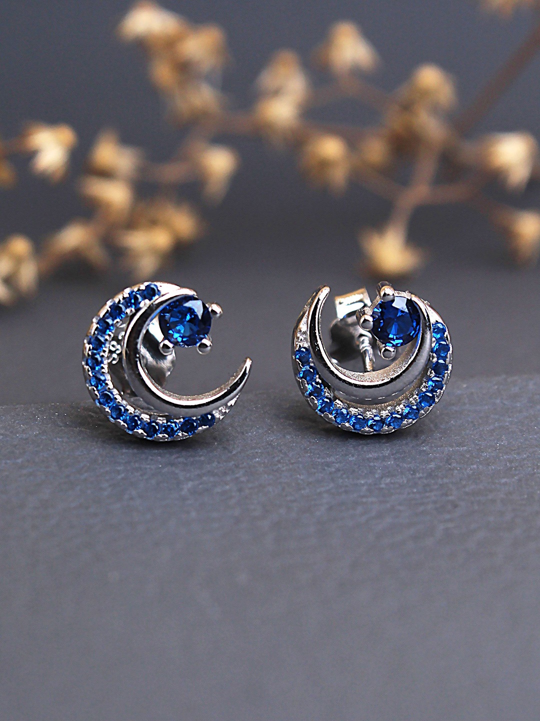 

DEVASHREE 925 Silver Rhodium-Plated Cubic Zirconia Studded Crescent Shaped Moon Studs, Blue