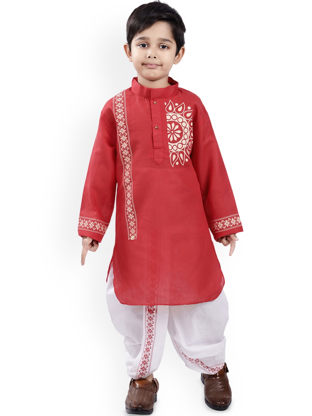

BAESD Boys Floral Yoke Design Mandarin Collar Kurta With Dhoti Pants, Red
