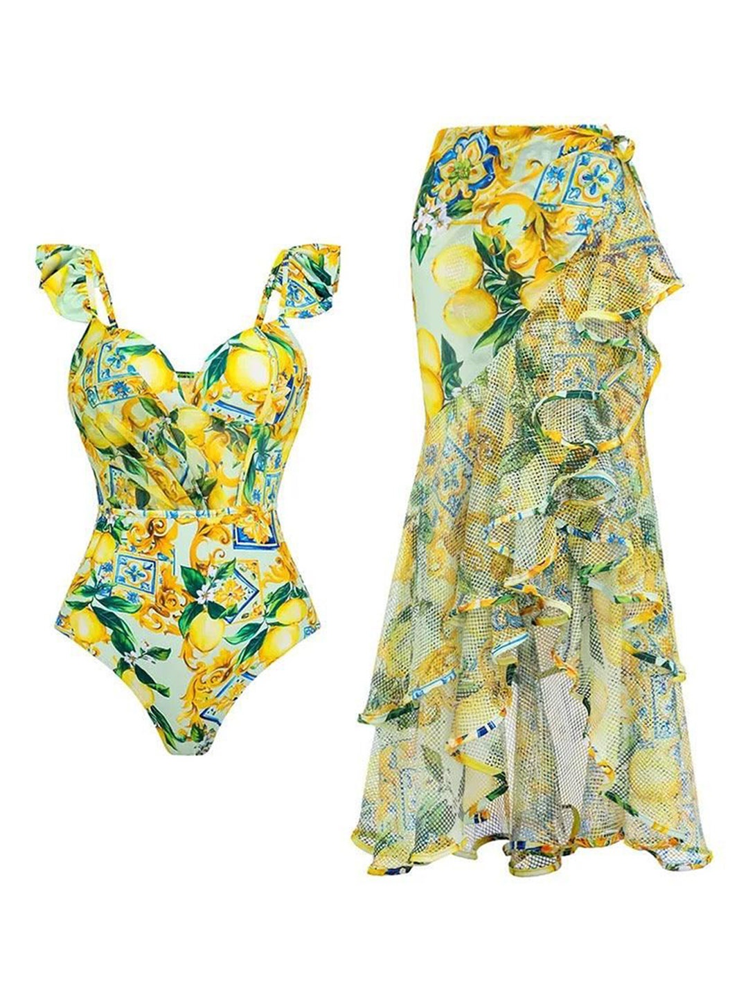 

Alamode By Akanksha Yellow Lemon Spritzer Swimsuit with Ruffled Skirt