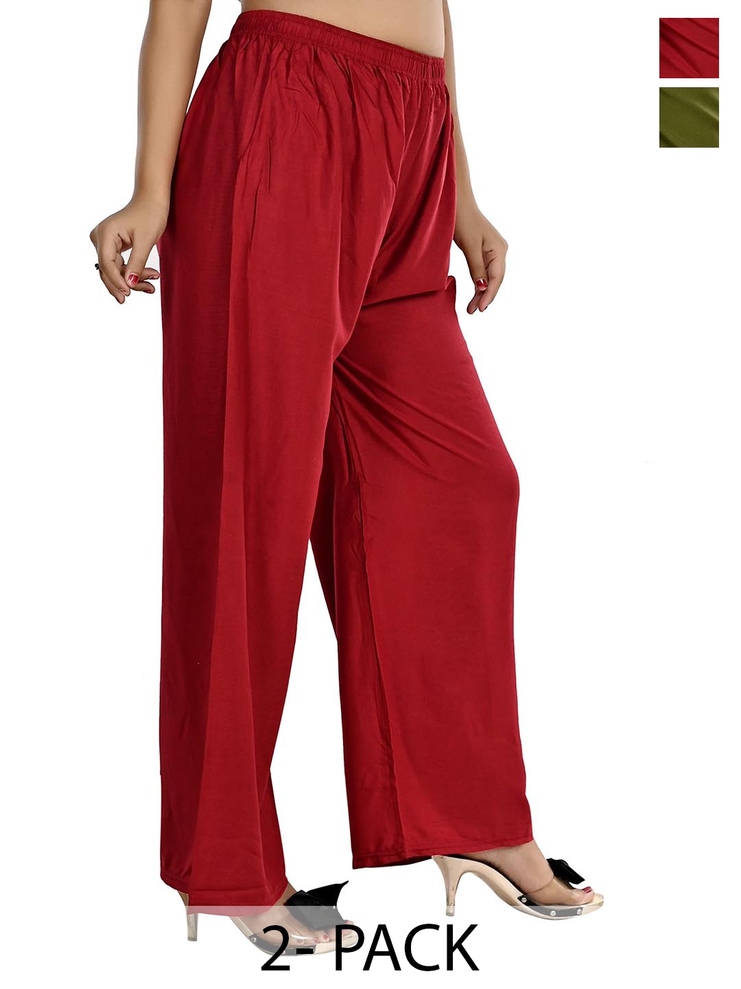 

NarNari Women's Pack of 2 Solid Palazzo, Red