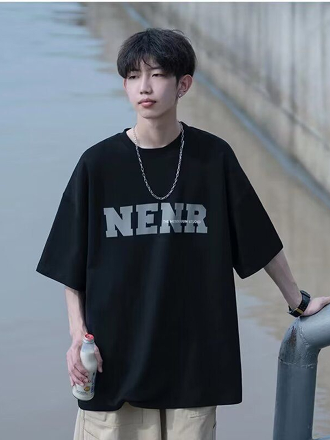 

HERE&NOW Men Typography Printed Round Neck Cotton Relaxed Fit T-shirt, Black