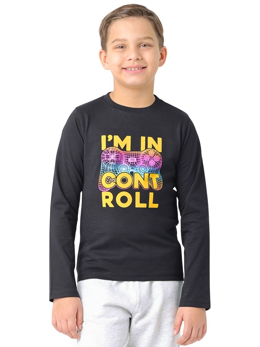

Nuego Boys Graphic Printed Bio Finish Round Neck Full Sleeve Cotton T-shirt, Black