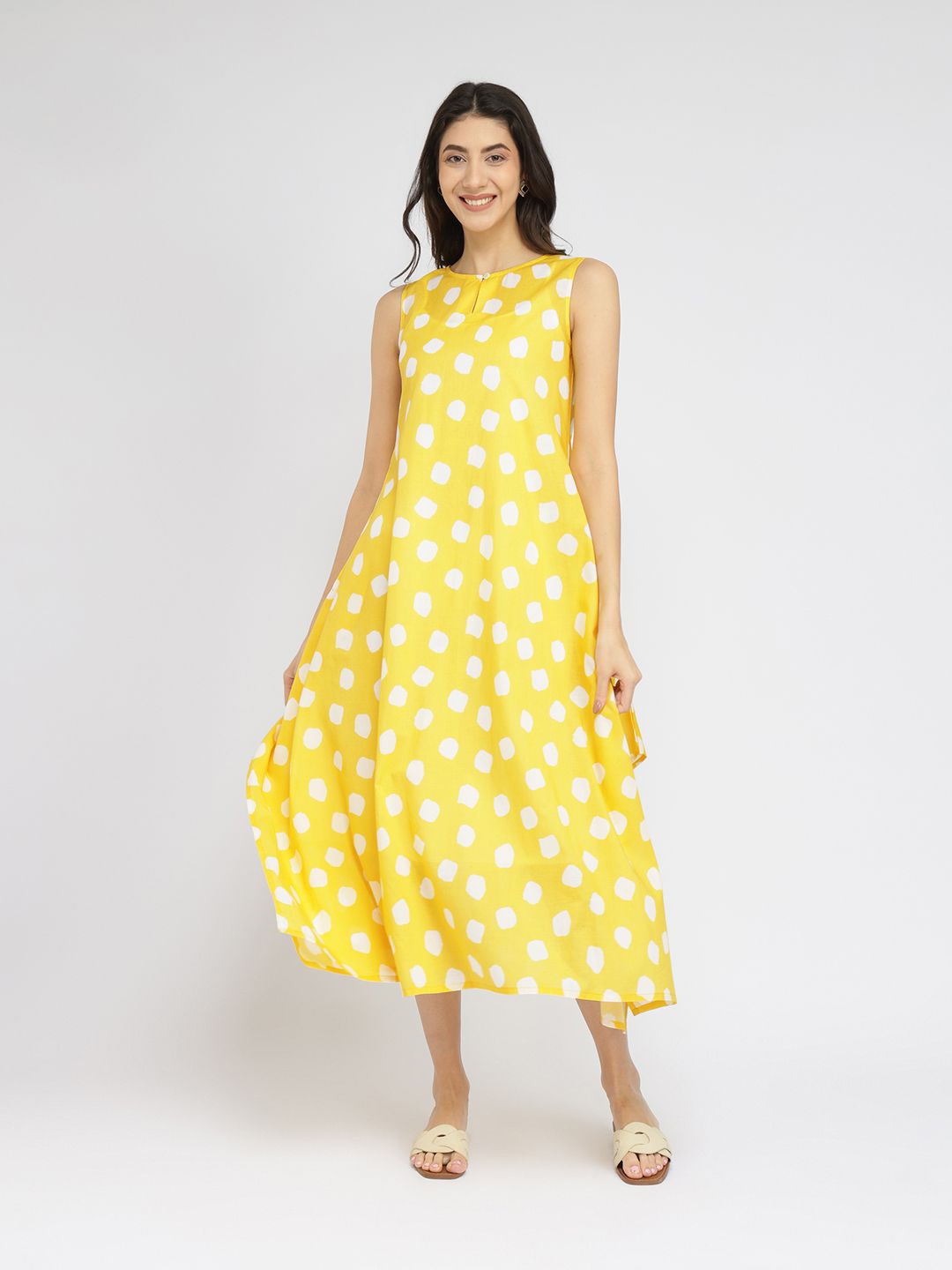 

Pink Fort Women Cotton Polka Handkerchief Dress, Yellow
