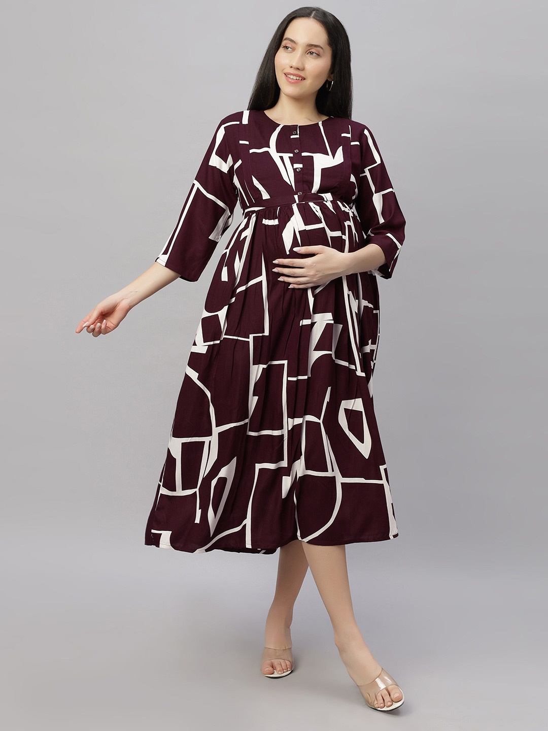 

DZZO Women Abstract Printed Maternity Fit & Flare Midi Dress, Maroon