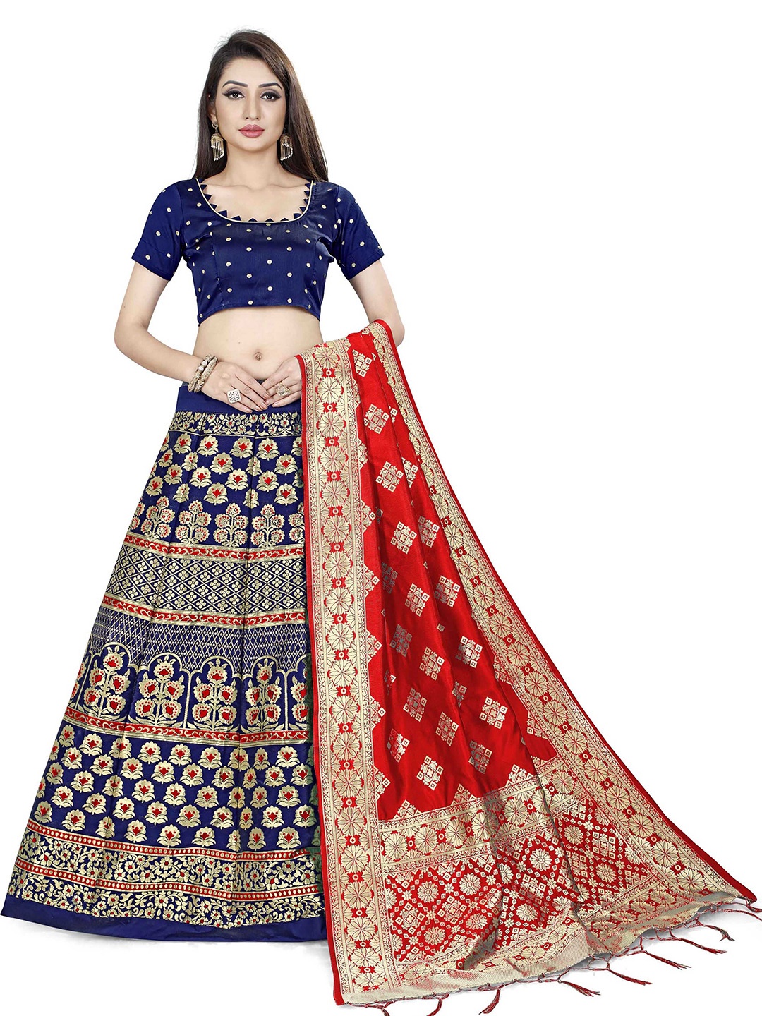 

DIVASTRI Woven Design Jacquard Semi-Stitched Lehenga Choli With Banarasi Dupatta, Navy blue