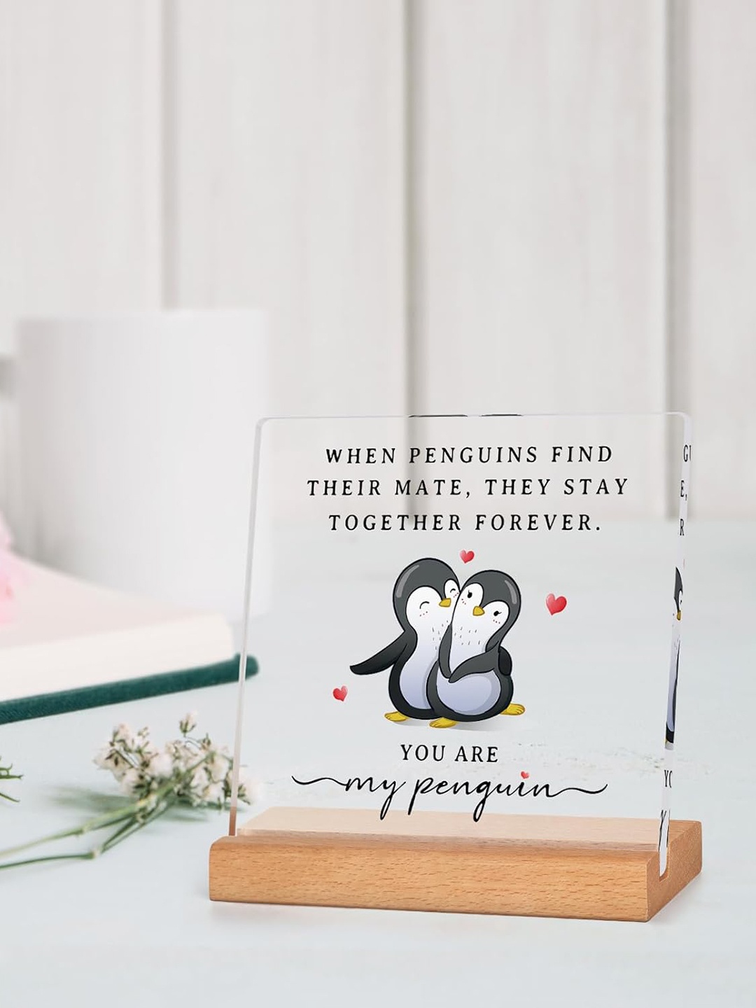 

BS AMOR White & Black Penguins Printed Wooden Stand Showpiece