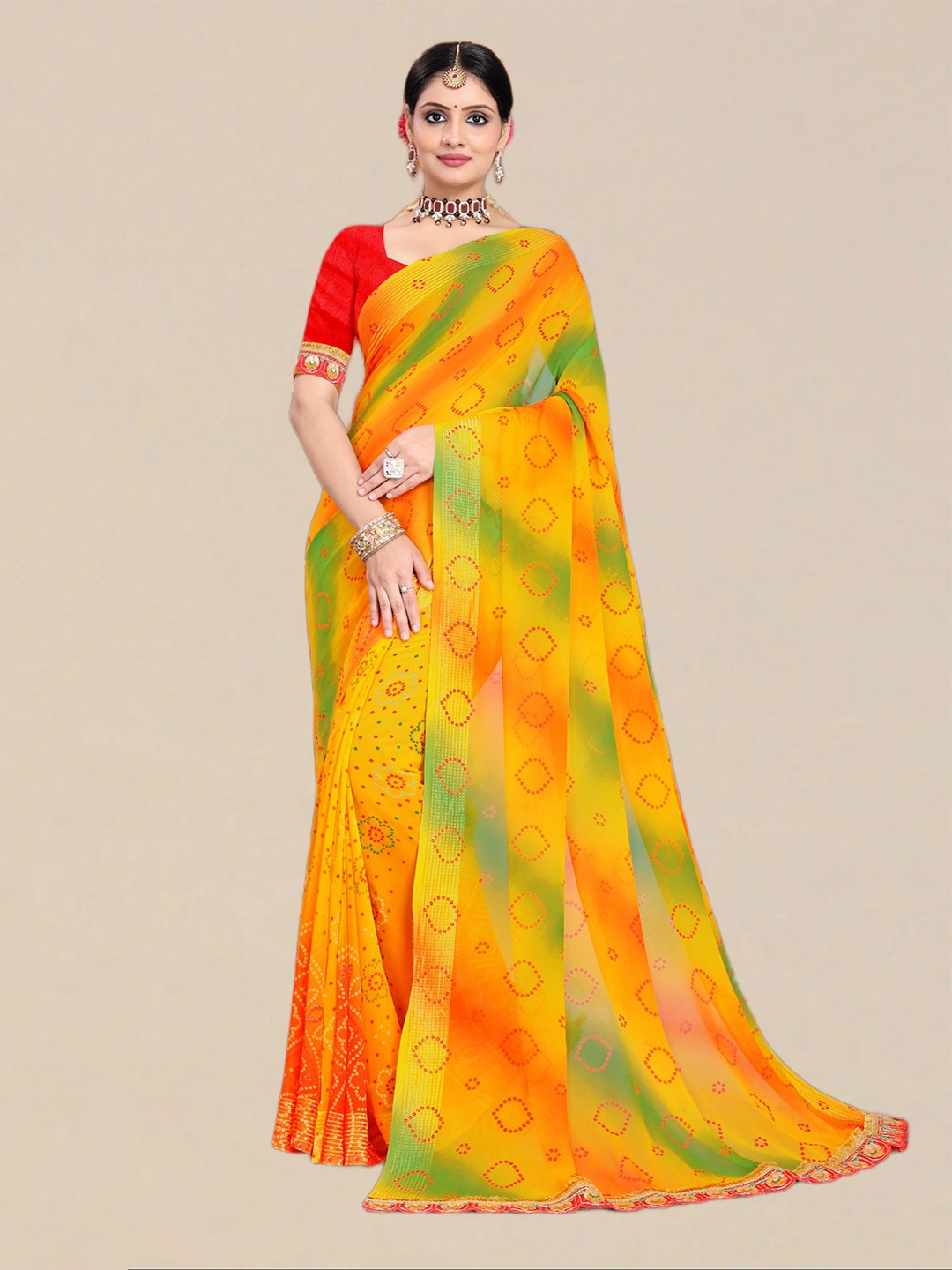 

DIVASTRI Bandhani Poly Georgette Bandhani Saree, Yellow