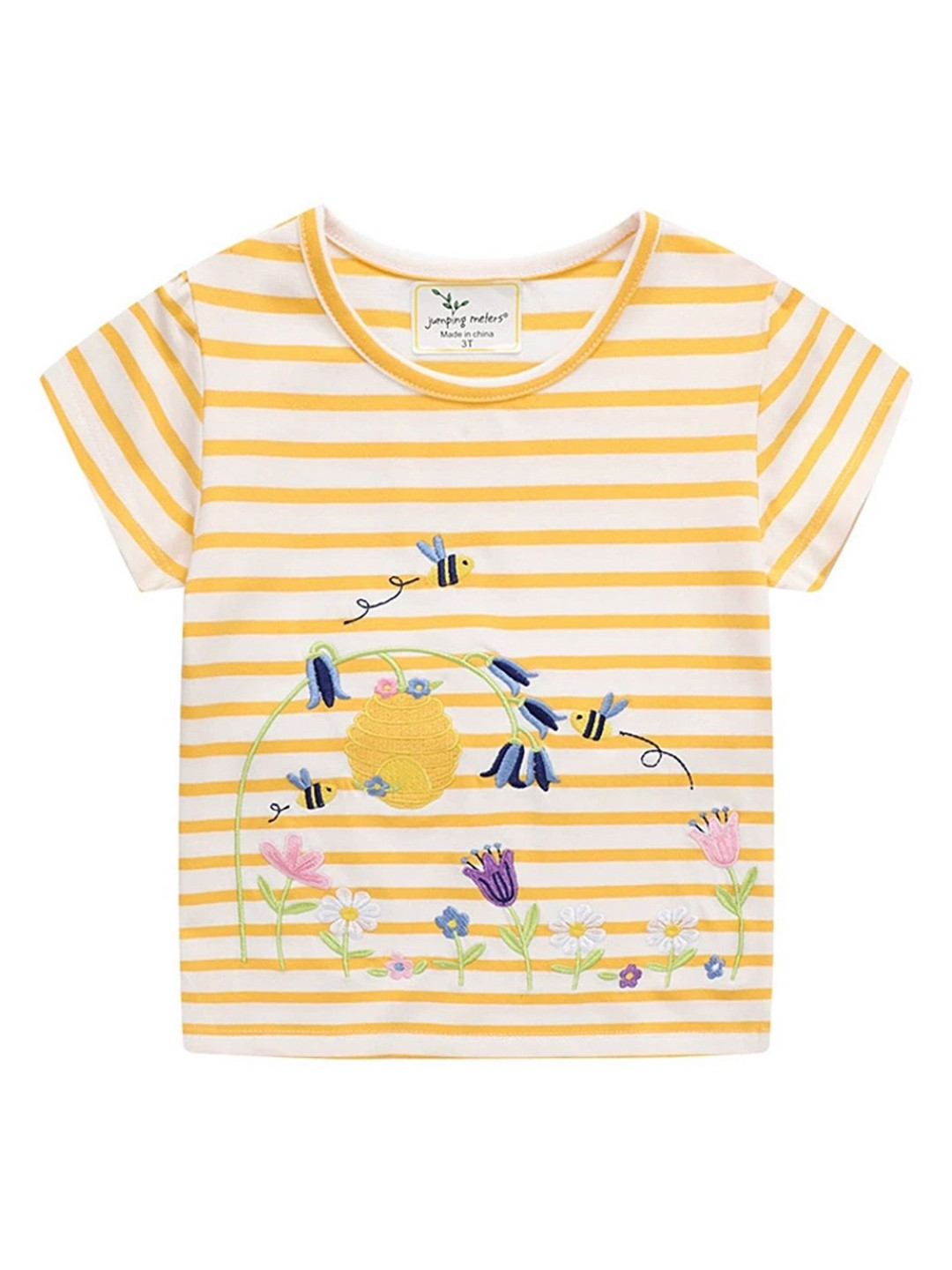 

LULU & SKY Girls Striped V-Neck Applique T-shirt, Yellow