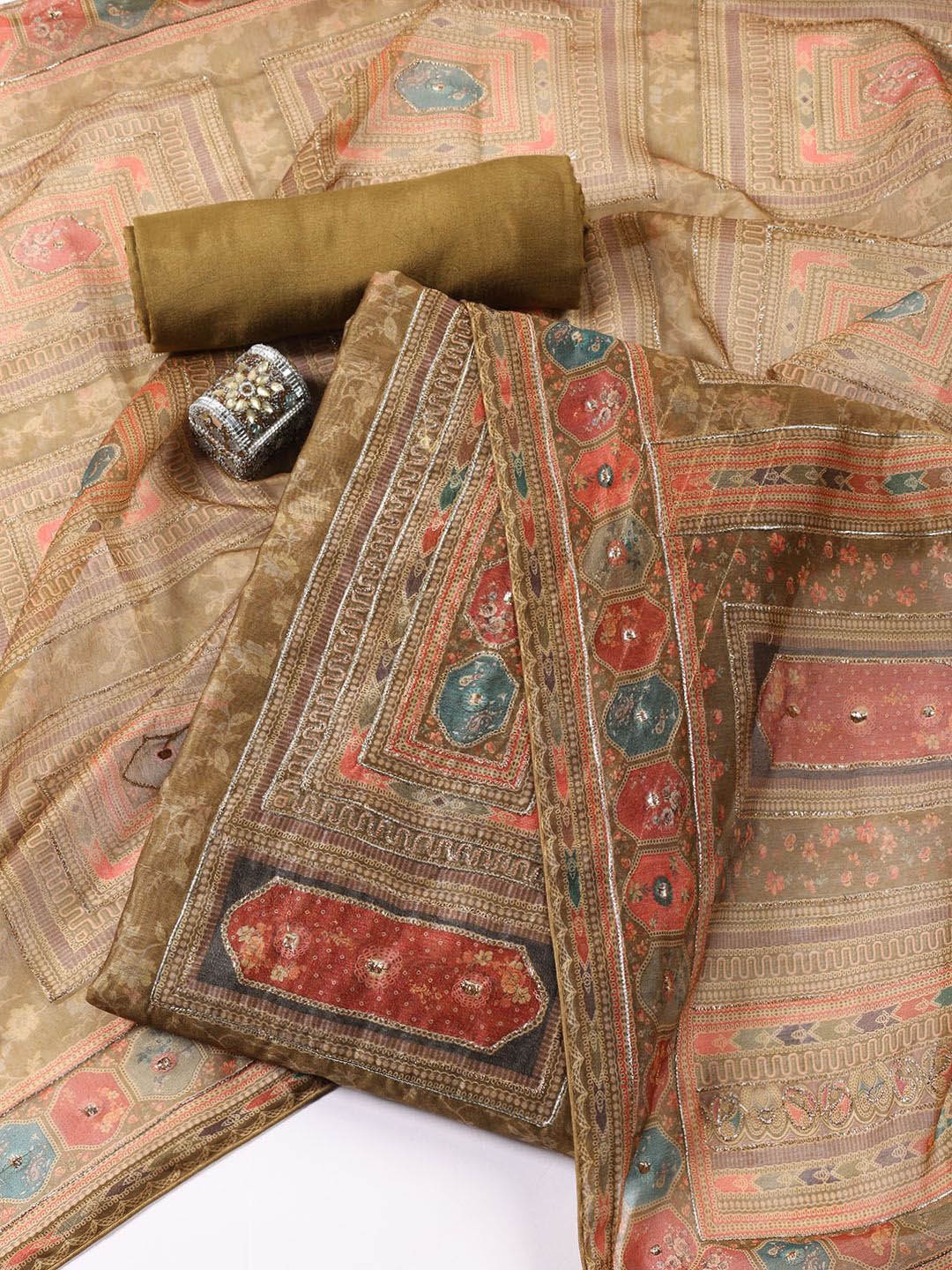 

Meena Bazaar Floral Printed Sequinned Chanderi Unstitched Dress Material, Green