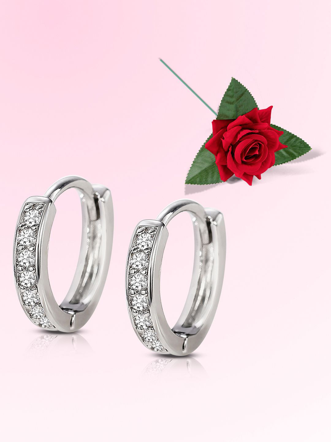 

Peora Silver-Plated Cubic Zirconia Studded Circular Shaped Hoop Earrings With Red Rose