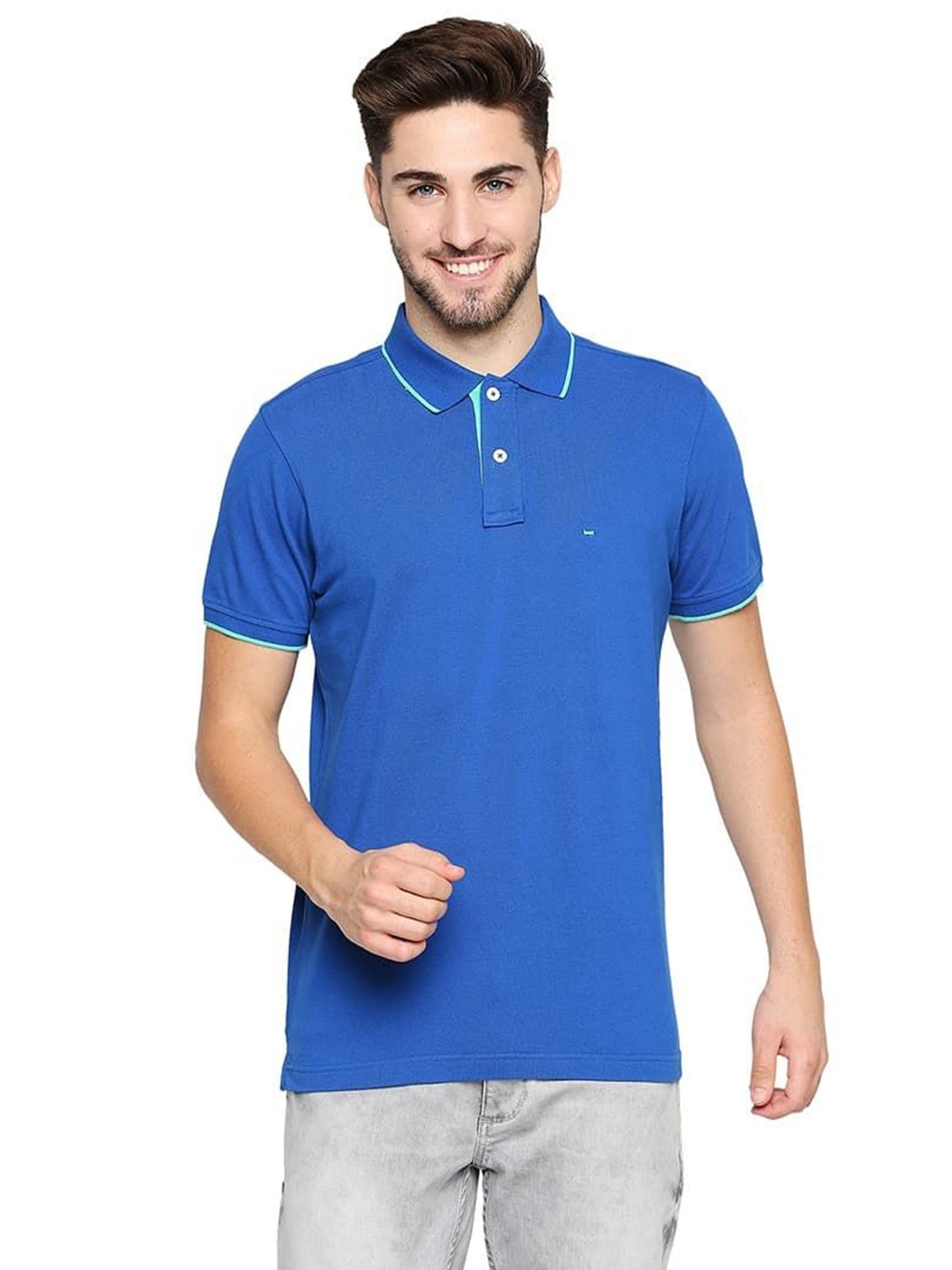 

Basics Men Solid Polo Collar Cotton T-shirt, Blue