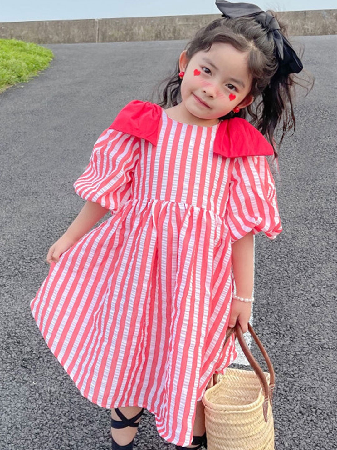 

LULU & SKY Girls Striped Round Neck Fit and Flare Dress, Pink
