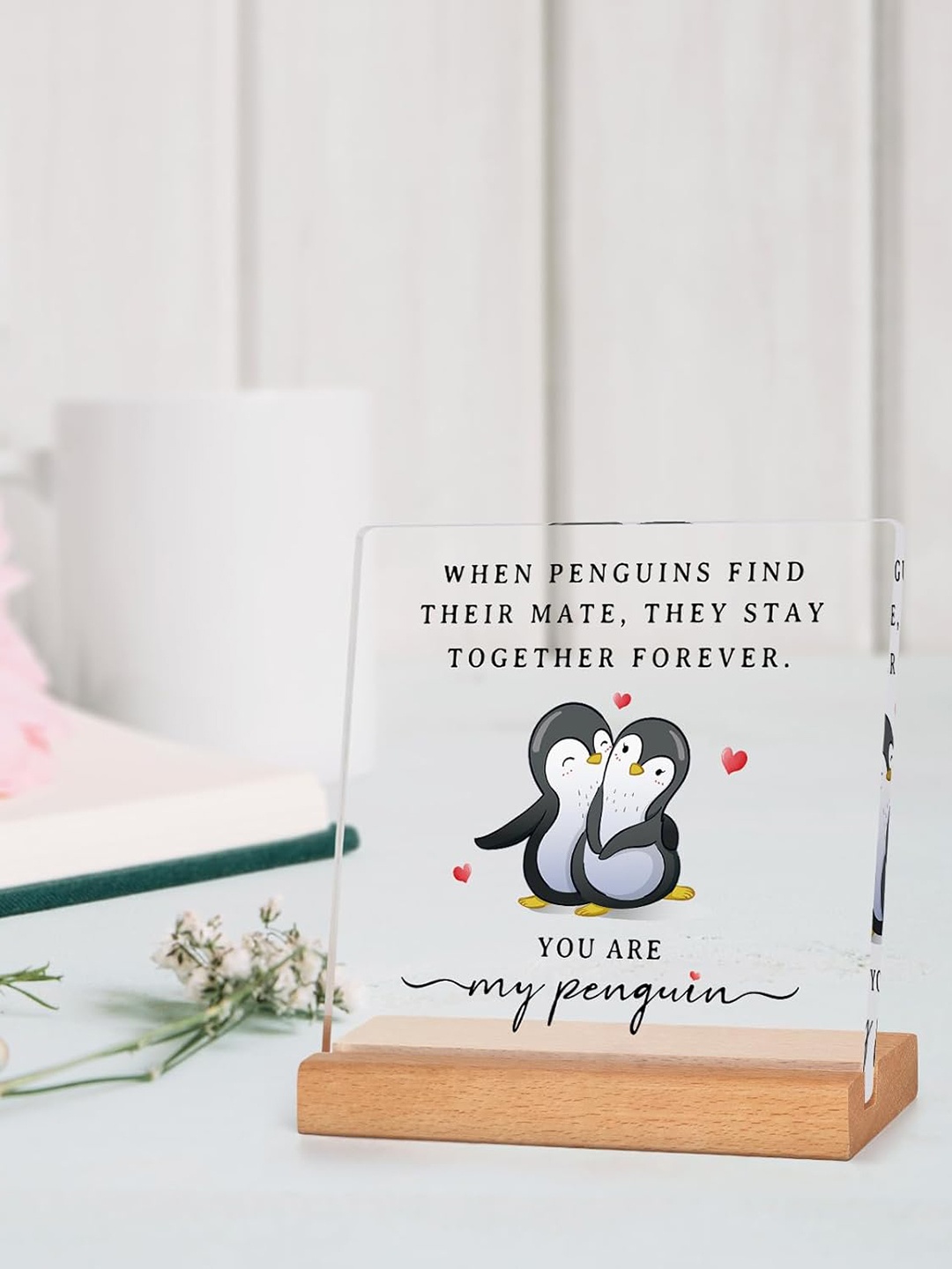 

BS AMOR White & Black Penguins Printed Wooden Stand Showpiece