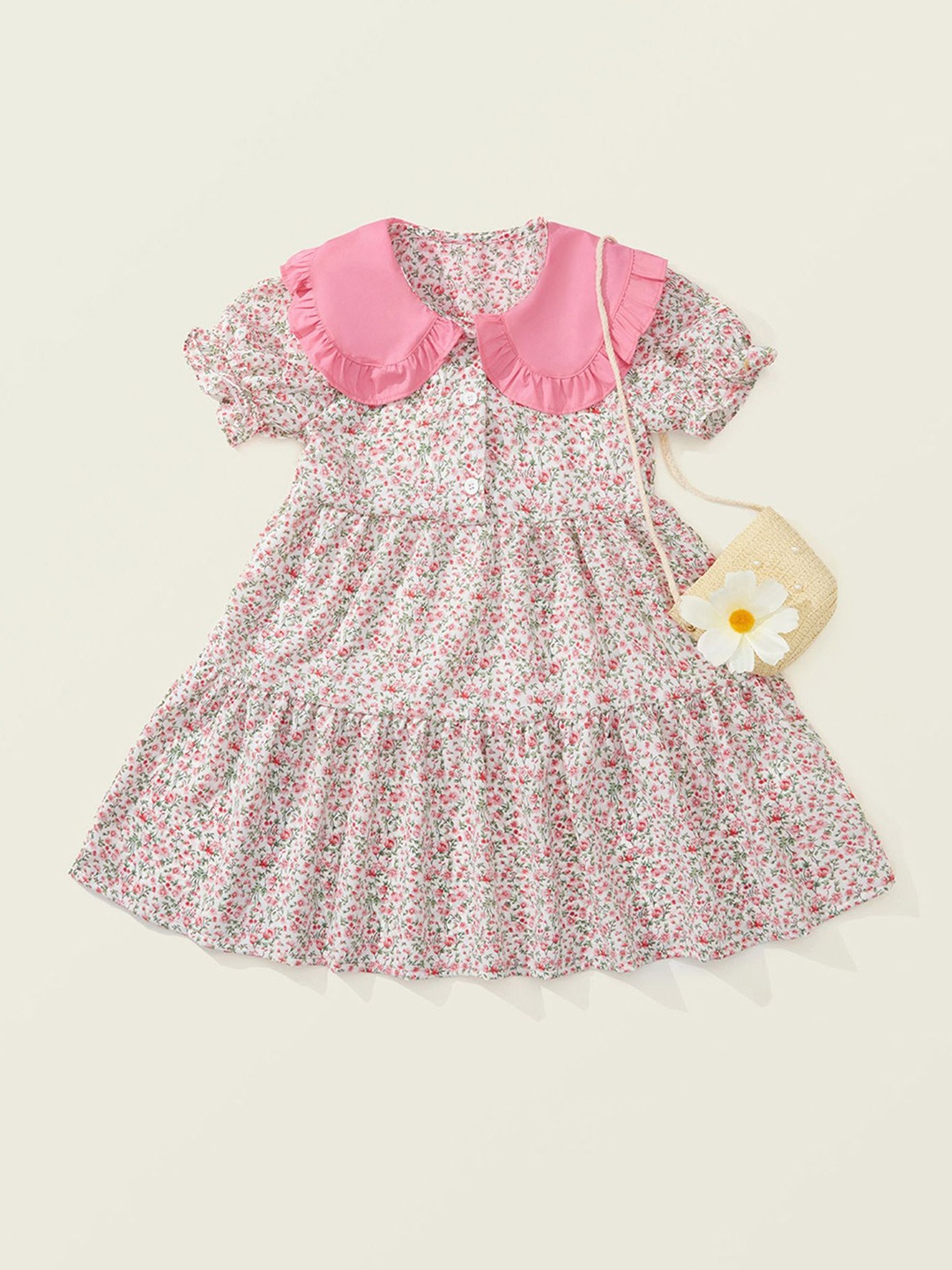 

LULU & SKY Girls Floral Printed Peter Pan Collar A-Line Dress With Bag, Pink