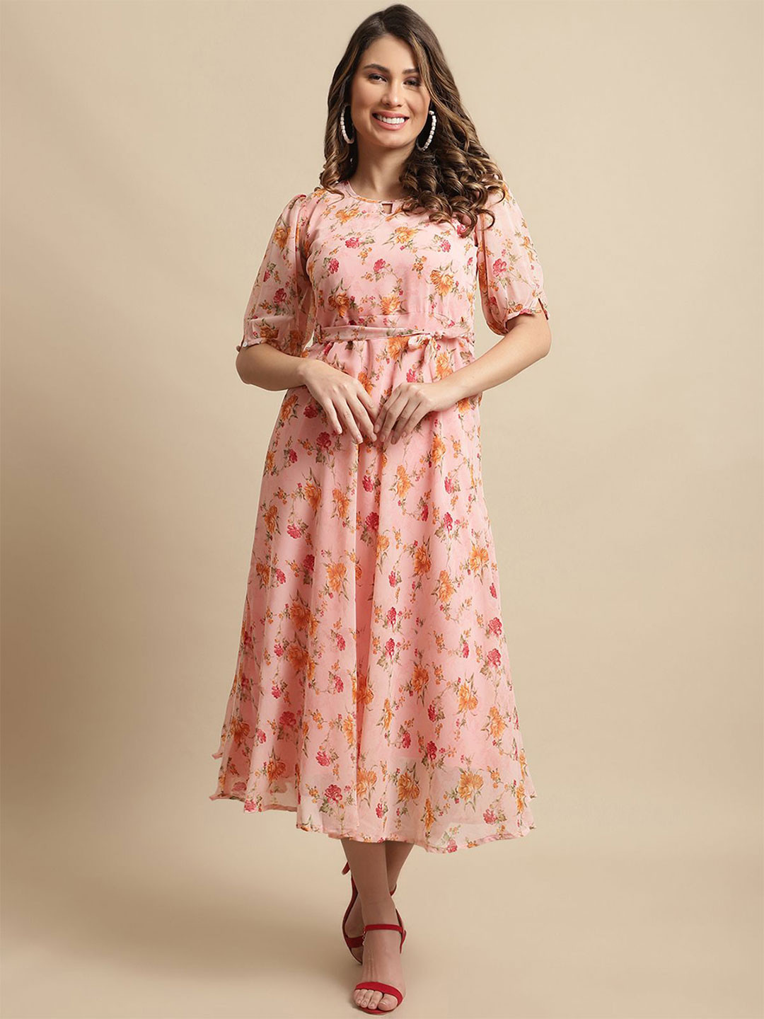 

Tromko Women's Floral Print Georgette Fit & Flare Midi Dress, Pink
