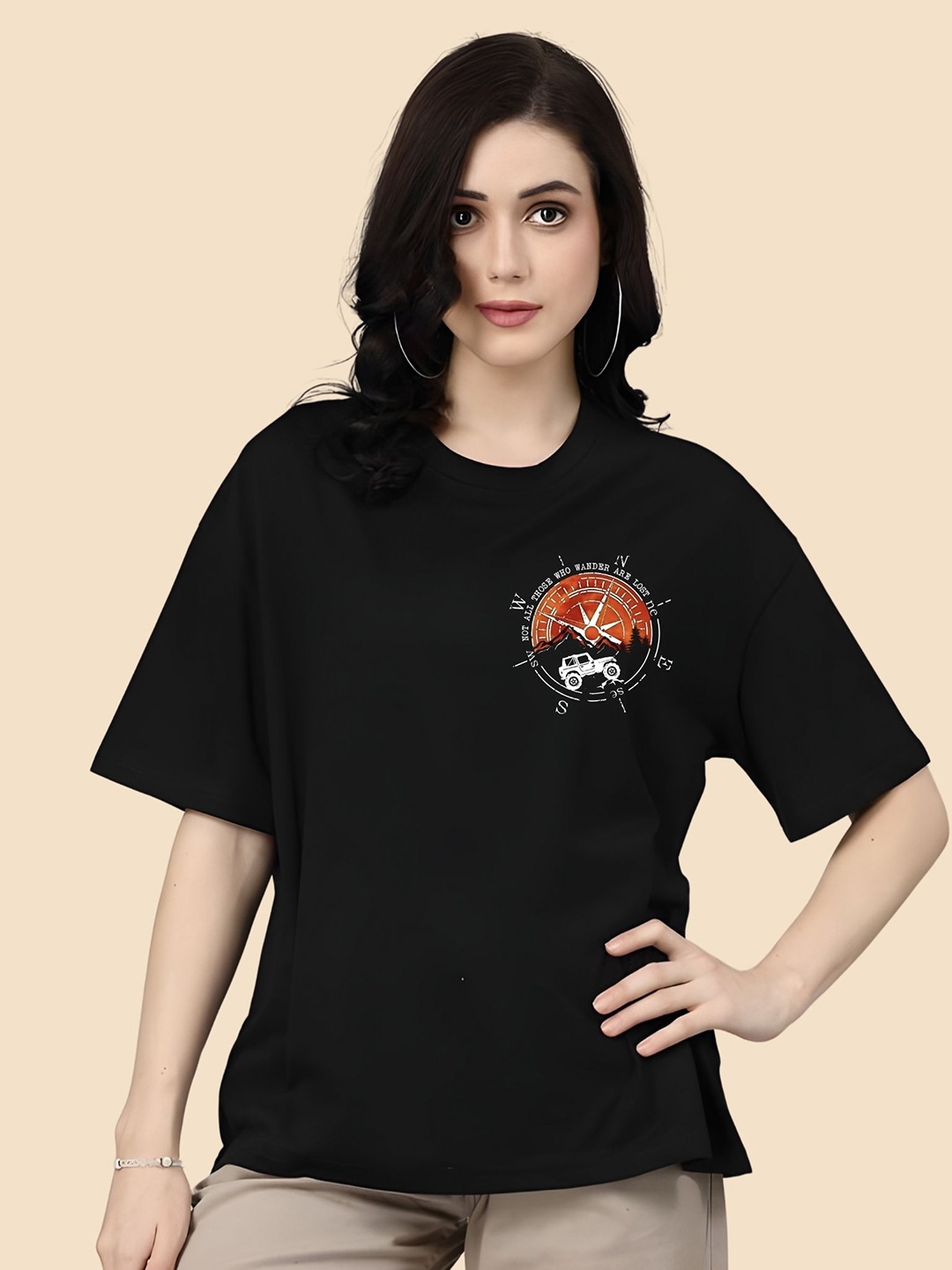 

SZN Women Graphic Printed Round Neck Cotton Oversized T-shirt, Black