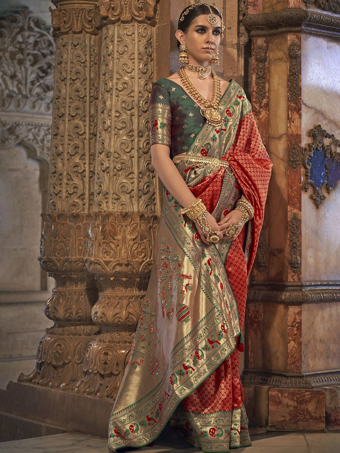

MAHALASA Woven Design Pure Silk Paithani Saree, Red